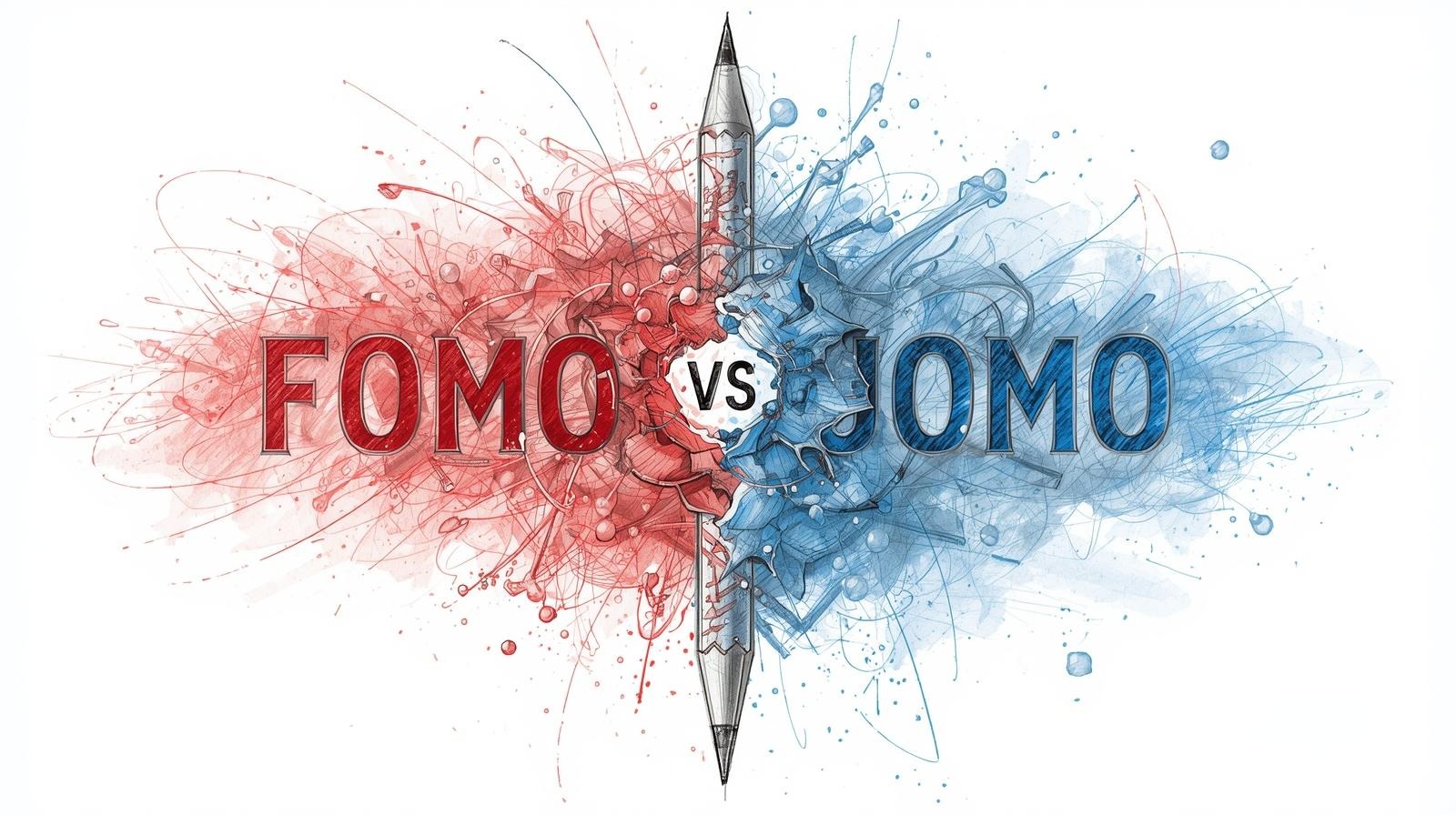 fomo vs. jomo concept illustration—red chaos versus blue calm, split by a pencil; a visual cue to end doomscrolling and choose joyful misses.