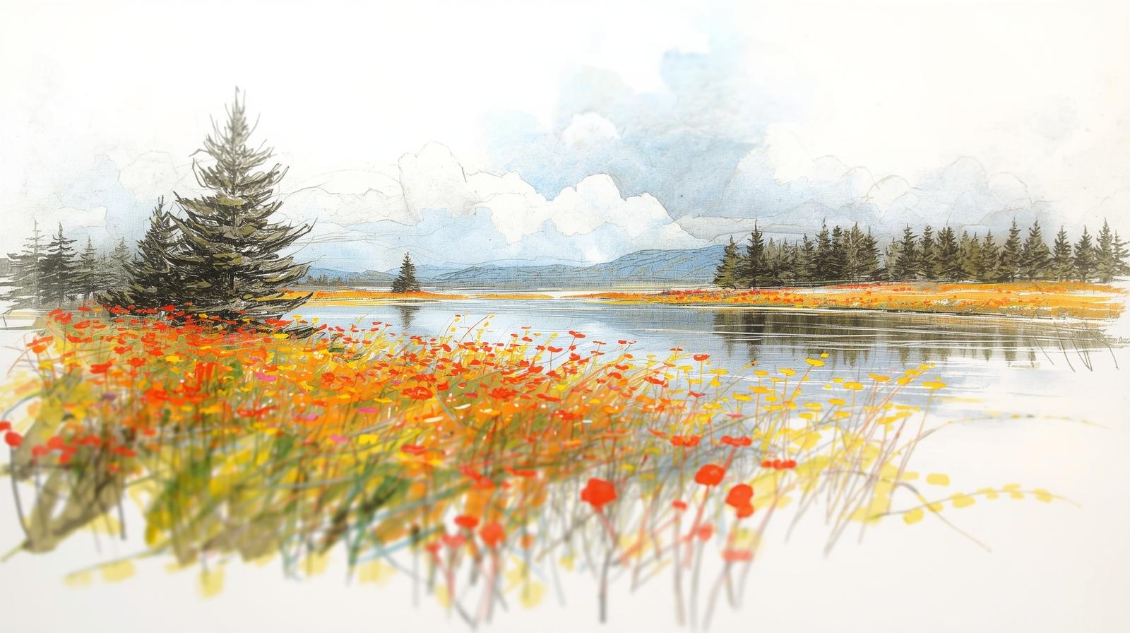 Watercolor landscape of a calm lake with wildflowers and pine trees, soft mountains and clouds in the distance—quiet beauty of emotional freedom.