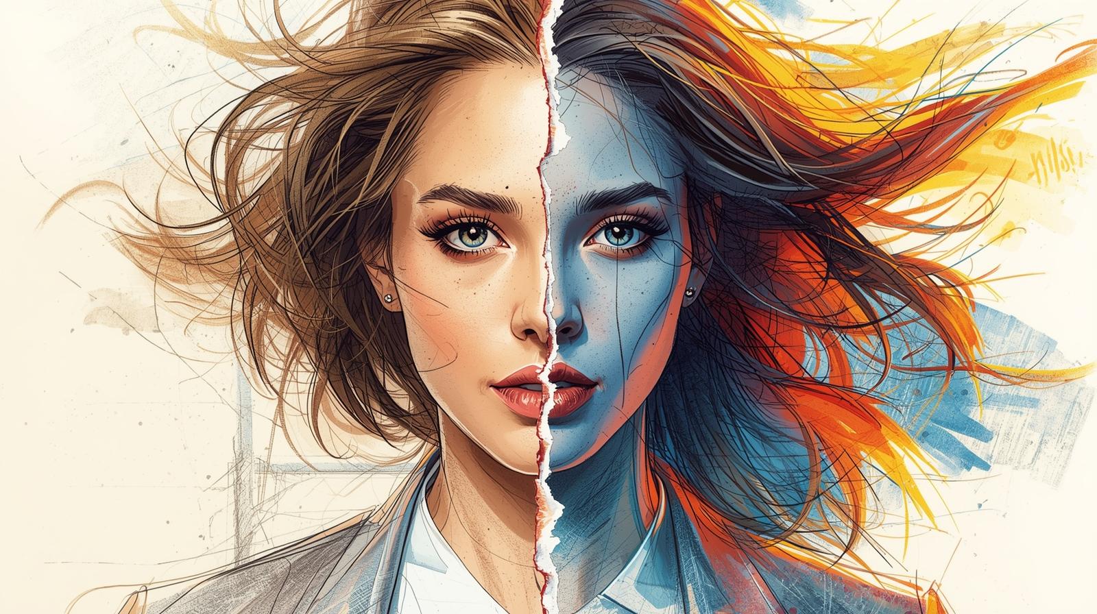 Split portrait of a woman—left side “good girl” in soft neutrals, right side “free woman” in vivid blue-orange—symbolizing inner conflict and self-liberation.