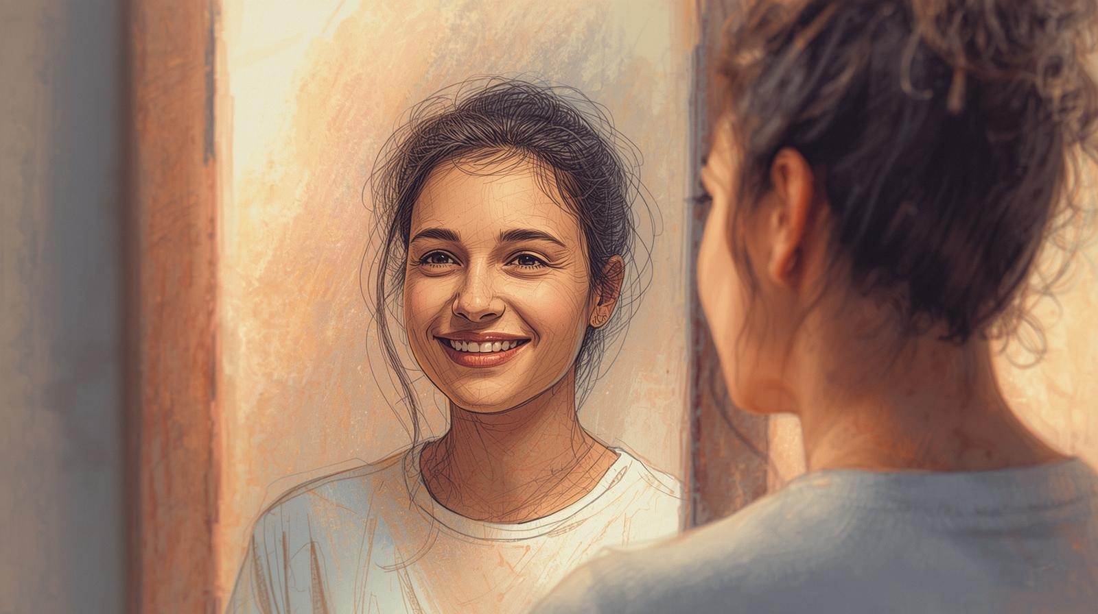 The subtle harm of self-irony and how to unlearn it 1 Young woman smiling at her reflection in a mirror—visual metaphor for noticing self-irony, the hidden harm of “harmless” humor, and choosing kinder self-talk.