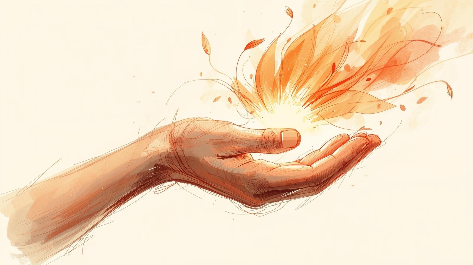 Open hand receiving a warm burst of light and leaves, symbolizing accepting a kind compliment.