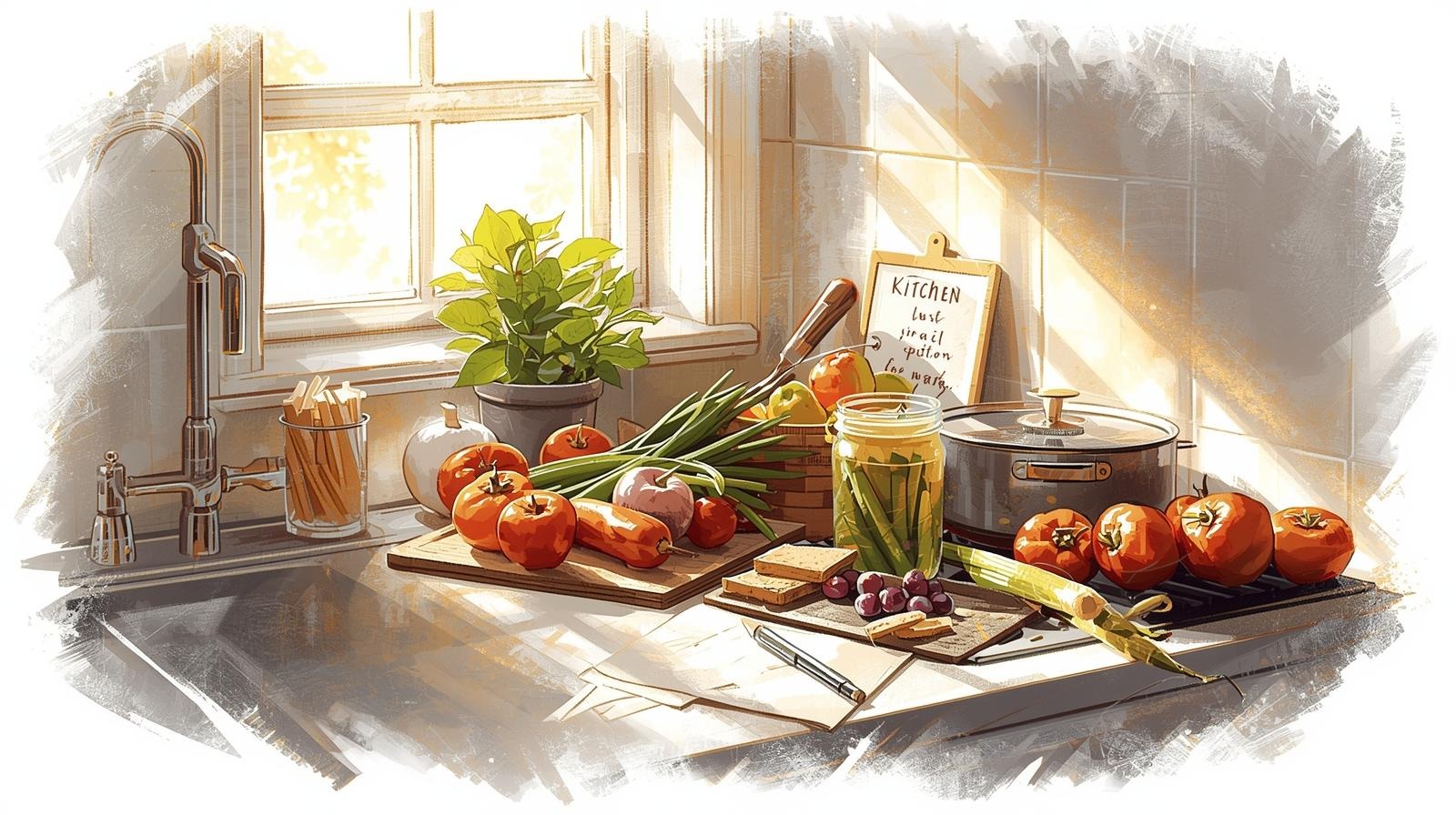 Sunlit kitchen counter with fresh tomatoes, herbs, and a simmering pot—visual cue for kitchen mantras and the calming ritual of cooking.