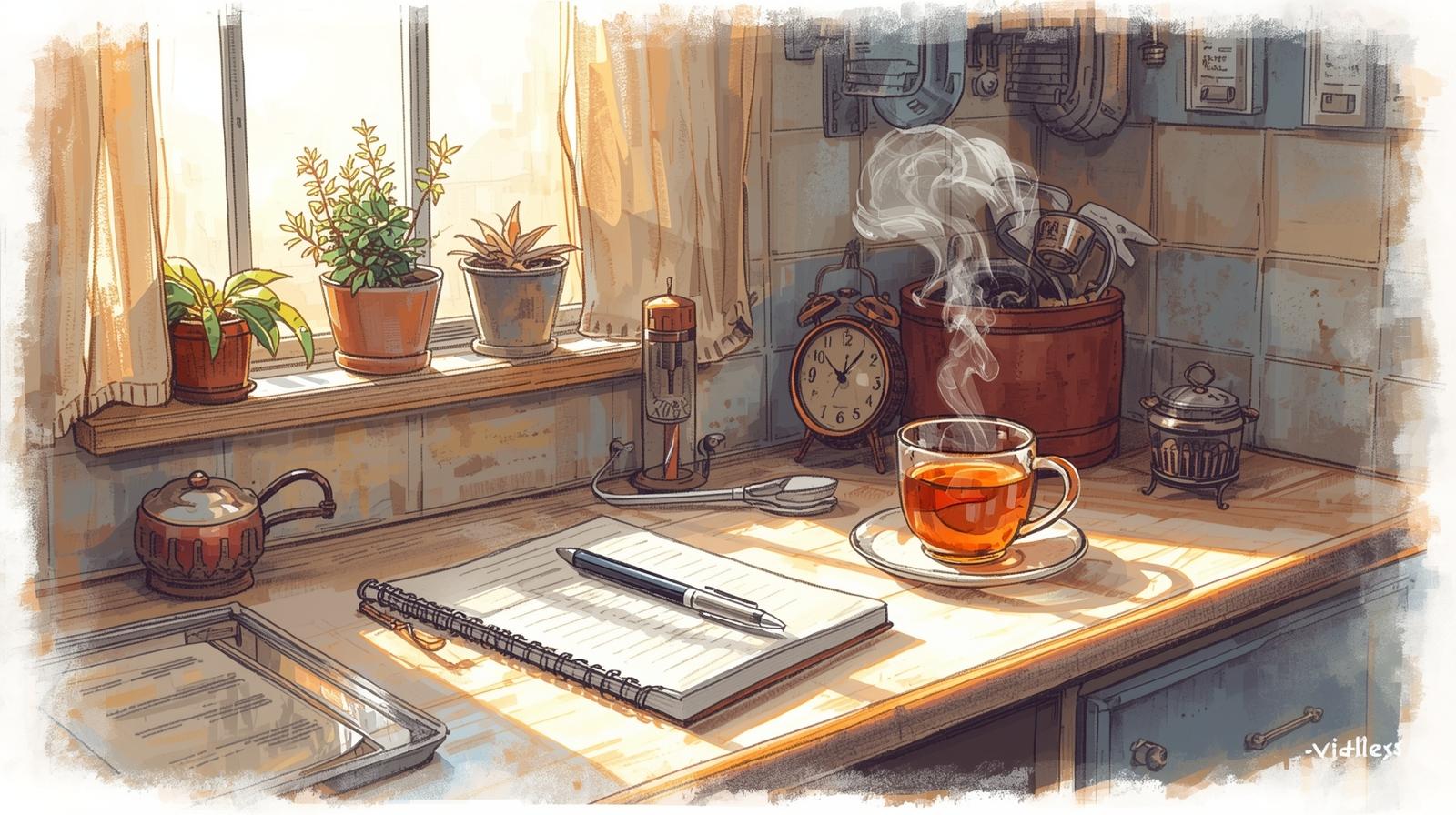 The anti-catastrophe lab: Tiny experiments to tame “the worst” predictions 1 Cozy morning desk with notebook, pen, steaming tea, plants, and a timer—a calm setup for the anti-catastrophe lab practice.