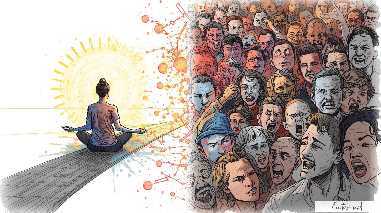 Illustration split-screen: a calm person meditating in warm light symbolizing emotional intelligence, contrasted with a chaotic crowd shouting to depict emotional overload.