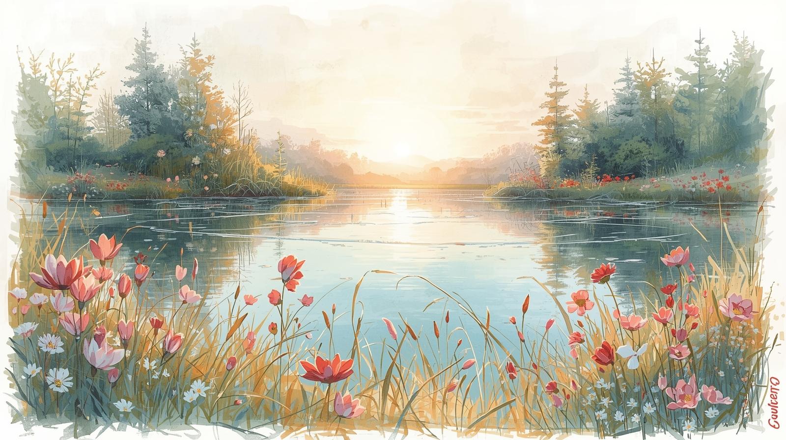Calm sunrise over a lake with wildflowers, symbolizing love transforming chaos into steady passion—visual mantras for inner peace.