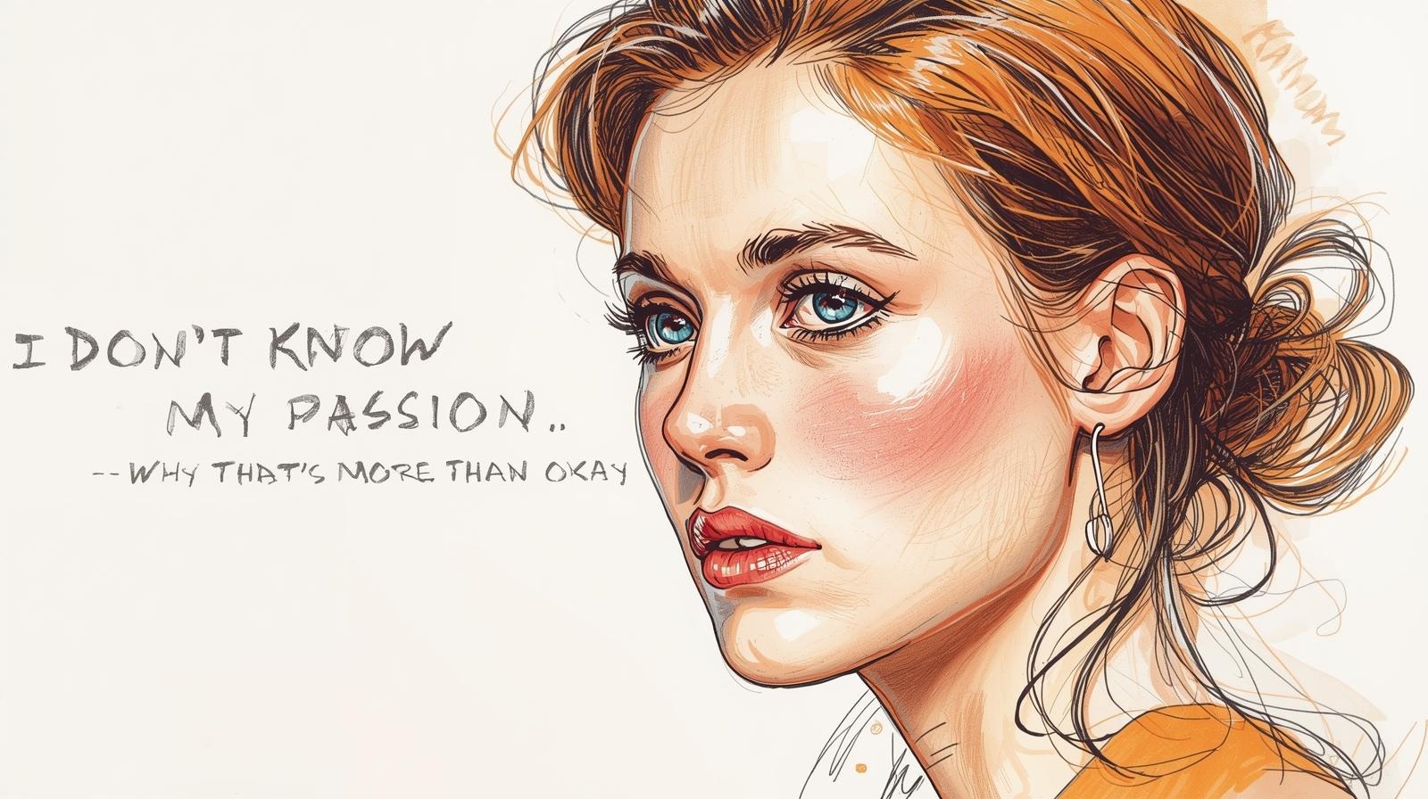 Portrait illustration of a thoughtful woman with blue eyes and the text “I Don’t Know My Passion—Why That’s More Than Okay.”