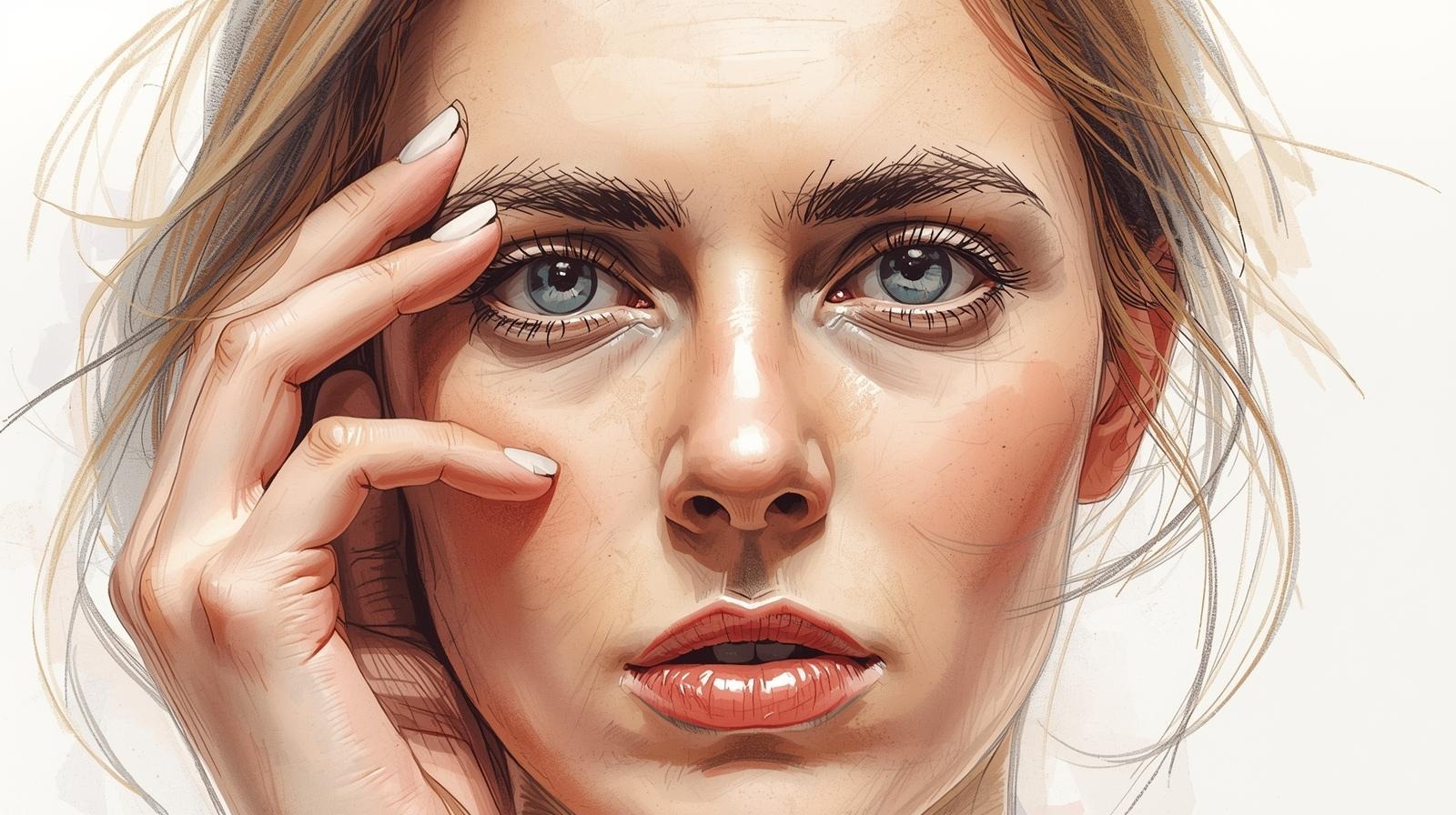 Calm, focused woman practicing self-soothing for PMS and PMDD; soft gaze and gentle touch conveying relief and inner calm.