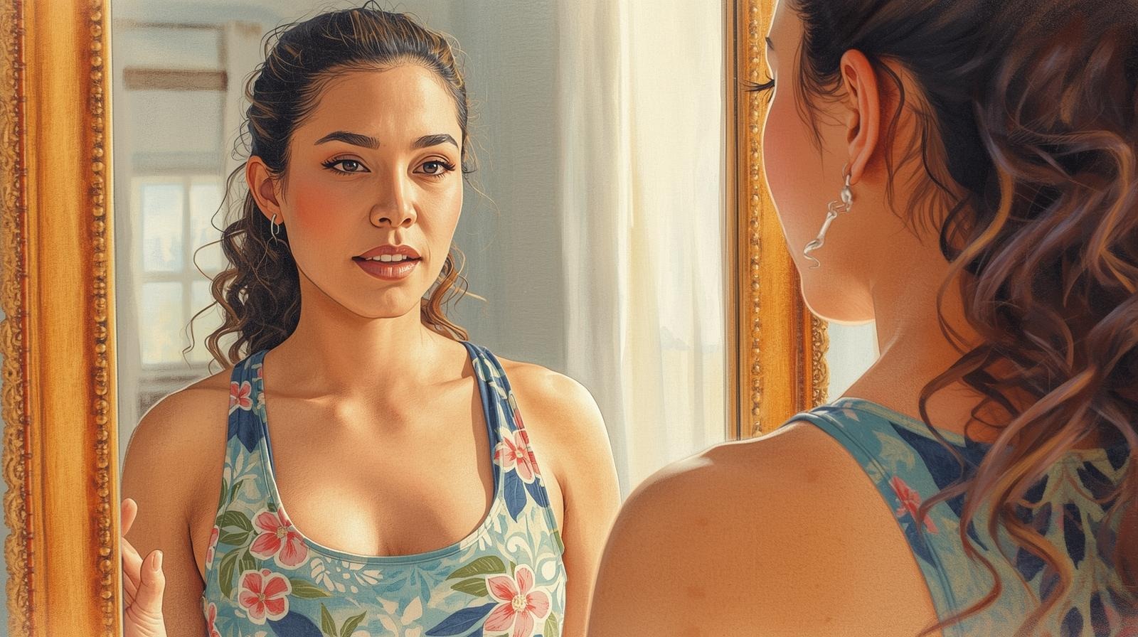 Woman practicing speaking in front of a mirror, reclaiming her voice and power for everyday conversations.