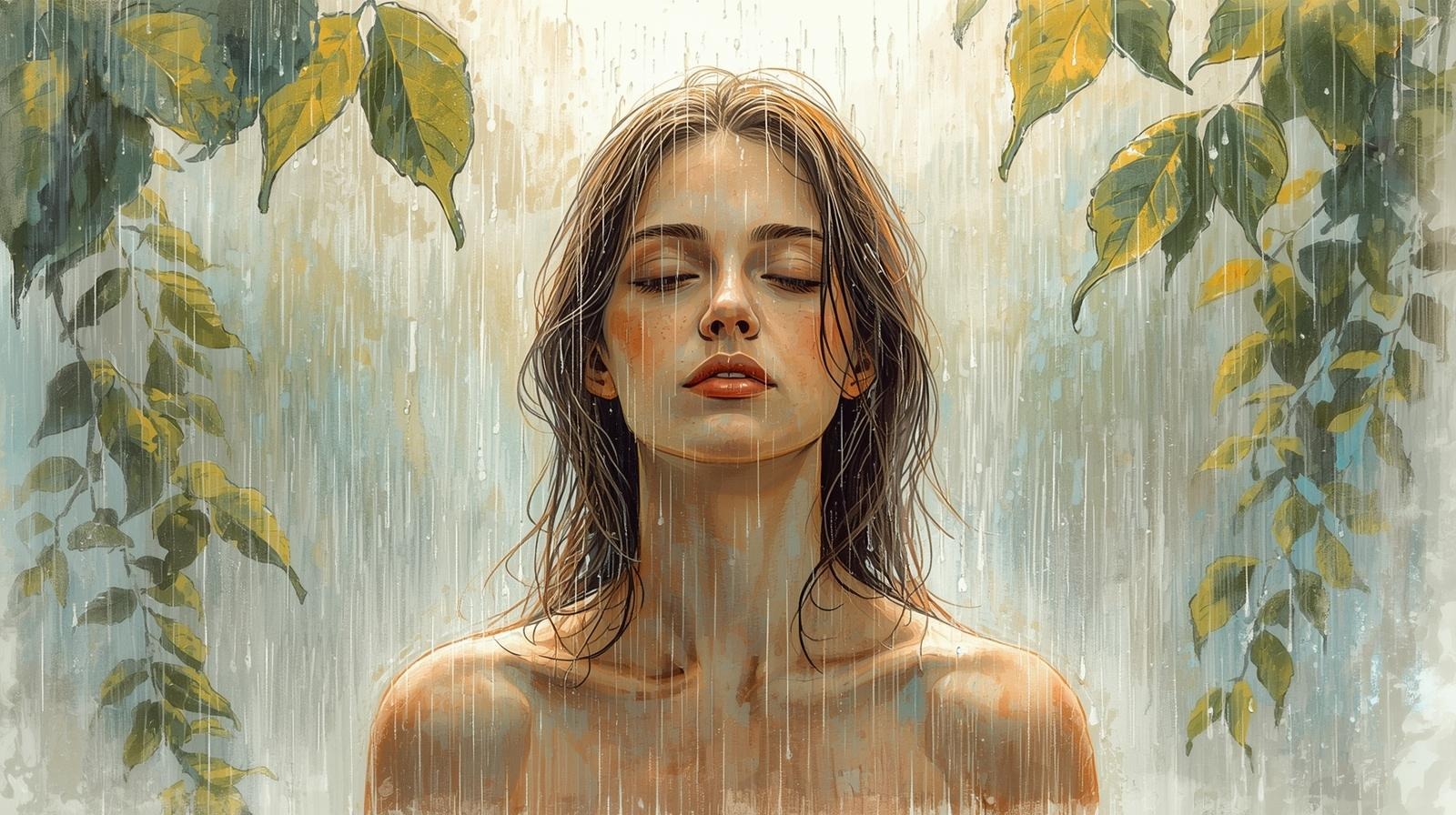 Woman standing under rainfall with closed eyes, experiencing healing and calm.