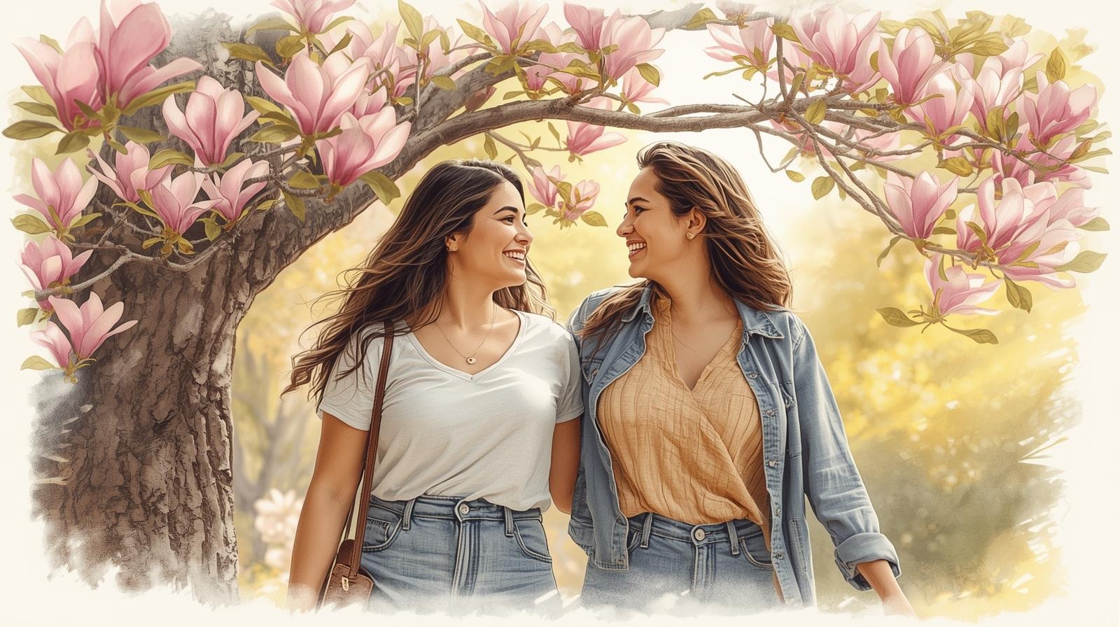 Rituals that root: Designing weekly practices for lasting friendship, with FREE PDF! 1 Two friends walking under blooming magnolias, smiling—an easy weekly ritual that deepens friendship.