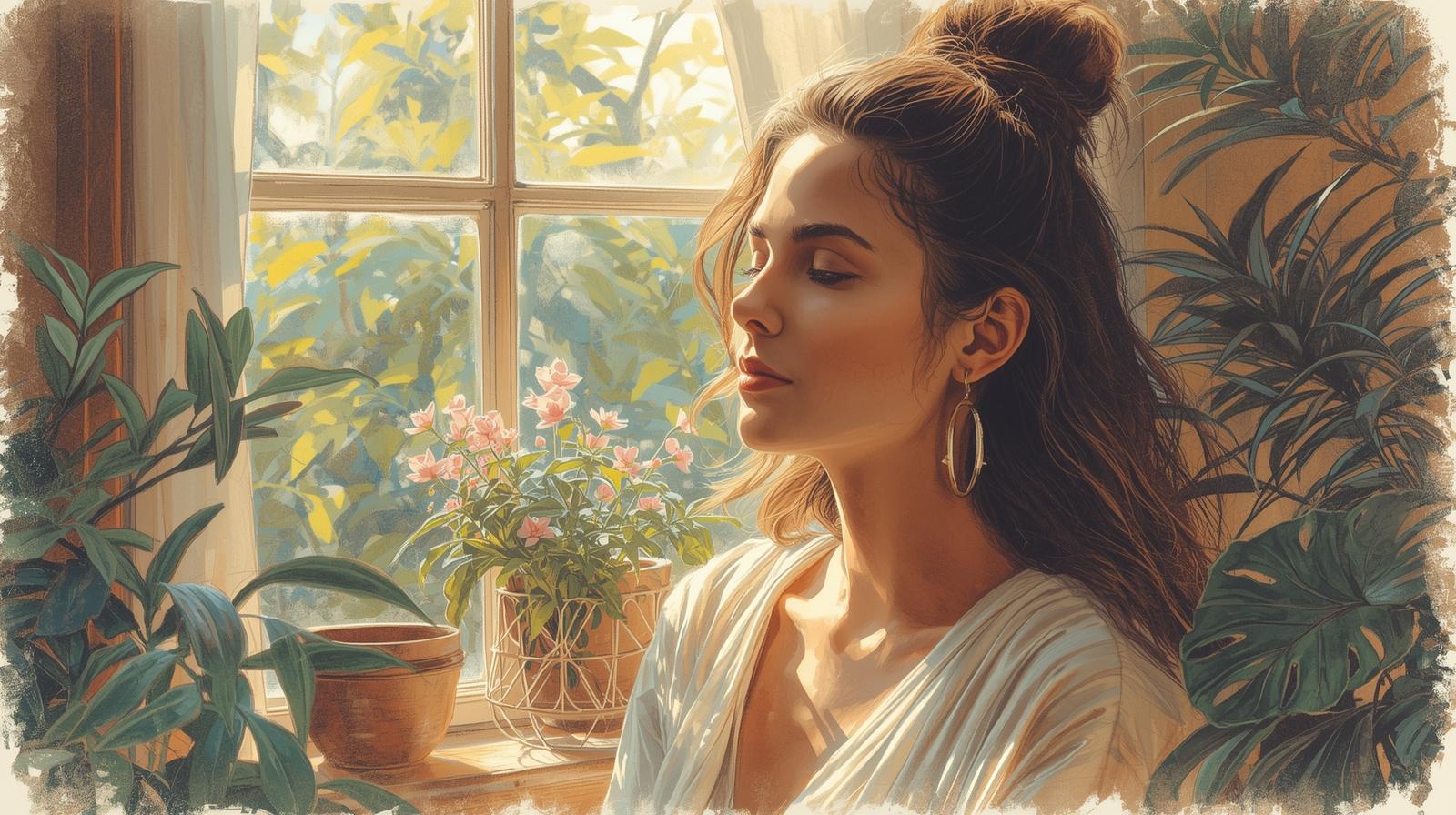 Morning rituals that make peace feel possible again 1 Woman practicing a calm morning ritual by the window surrounded by plants and sunlight.