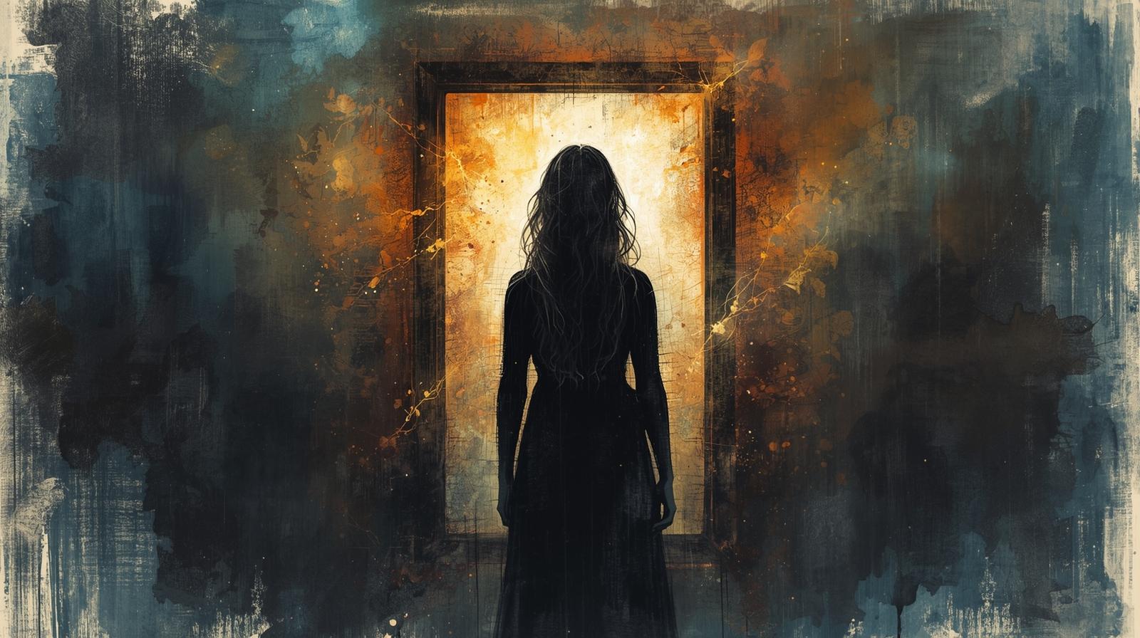 Silhouette of a woman facing her shadow self through a glowing doorway, symbolizing transformation and words of power.
