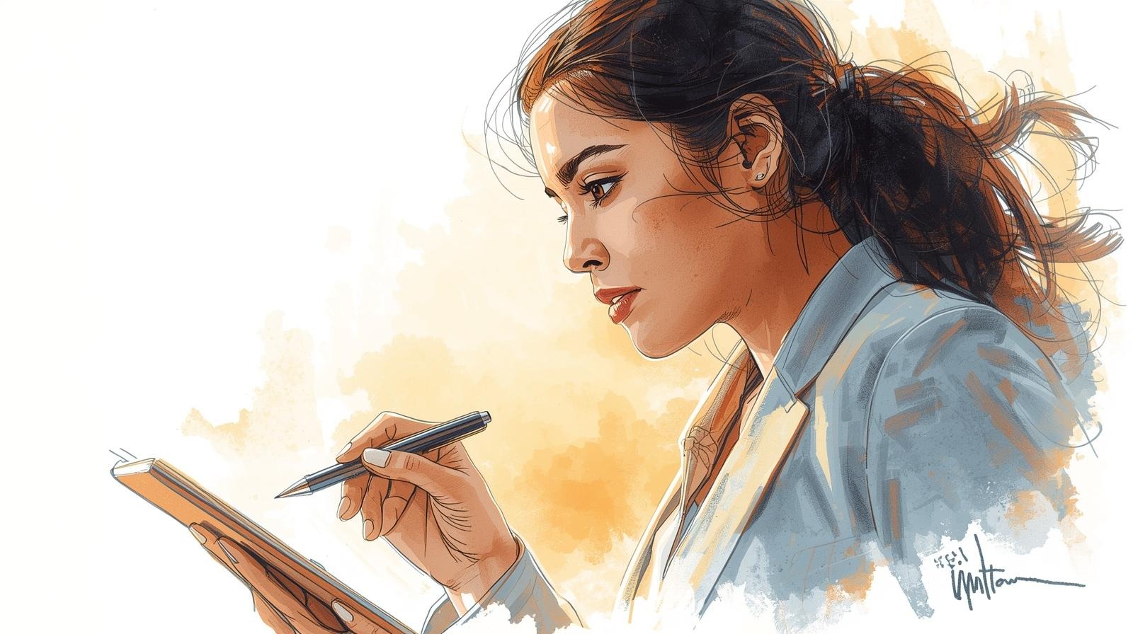 Watercolor-style illustration of a focused woman writing on a tablet during a Quit-to-Commit sprint, reflecting on ambition and change.