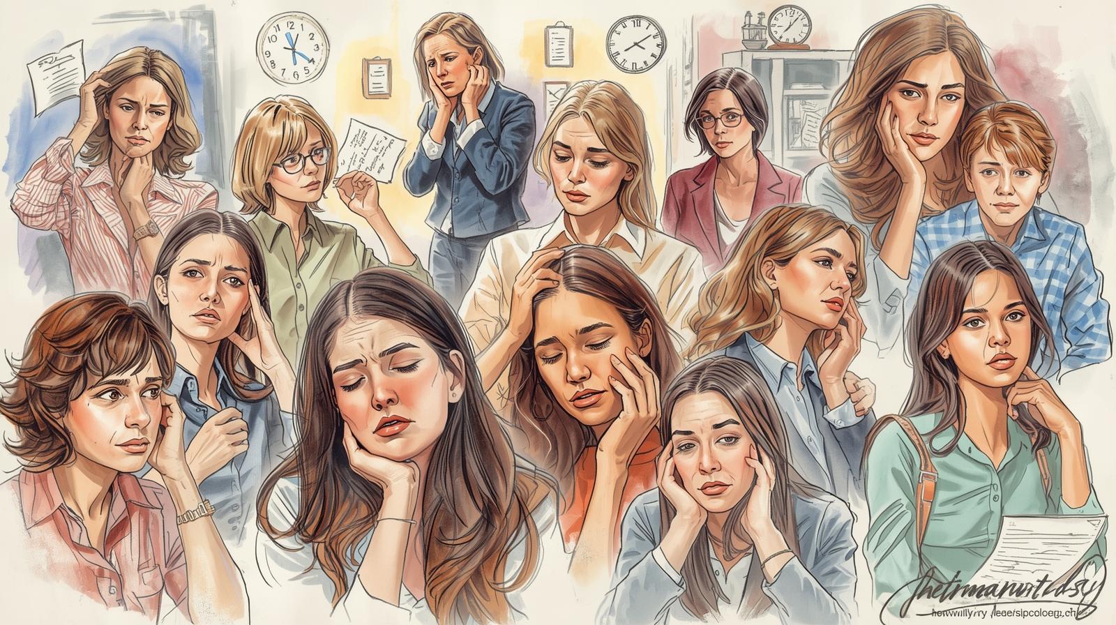 Illustration of diverse women showing signs of chronic stress, exhaustion, and emotional overload in professional and personal settings.