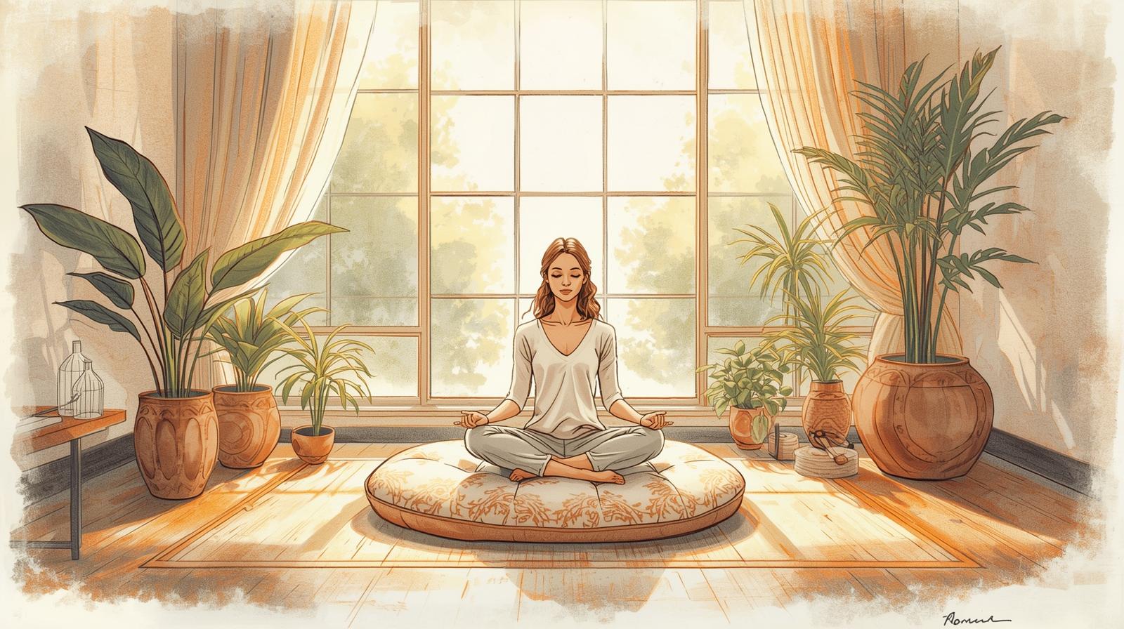 Woman finding calm during a meditation struggle, sitting peacefully in a sunlit room surrounded by plants.