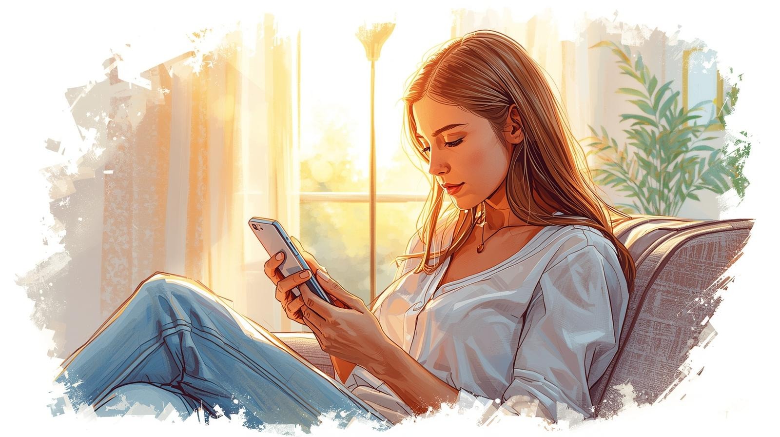 Woman calmly texting at home during sunset, practicing a 7-day dating reset for women.