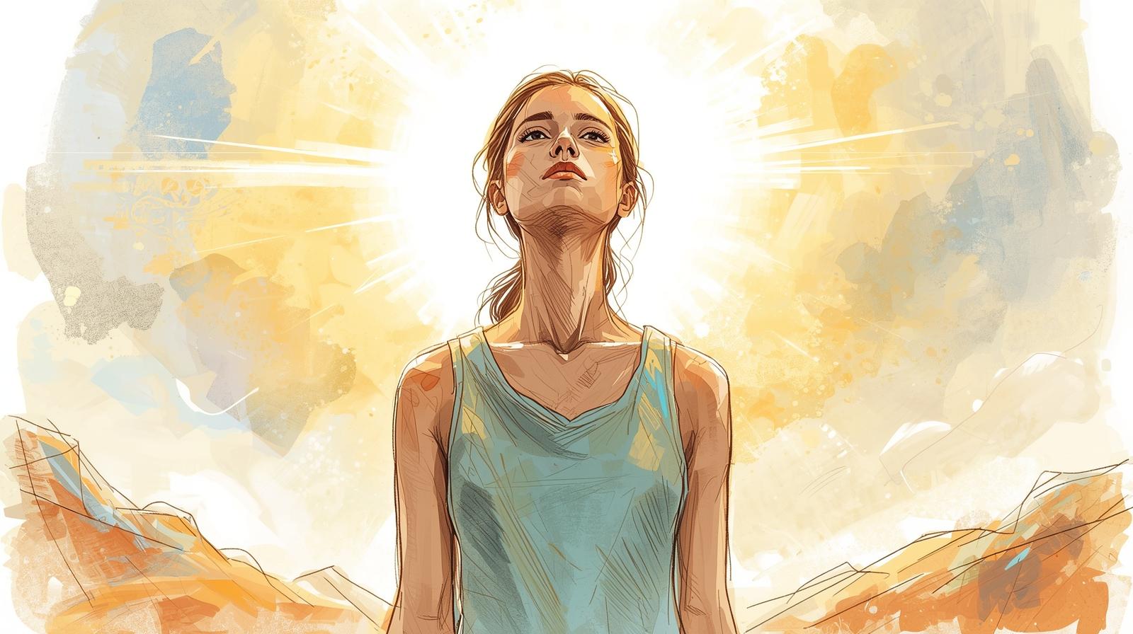 Woman lifting her chin into warm light, breaking silence to speak her truth, illustrated in soft gold and blue tones.