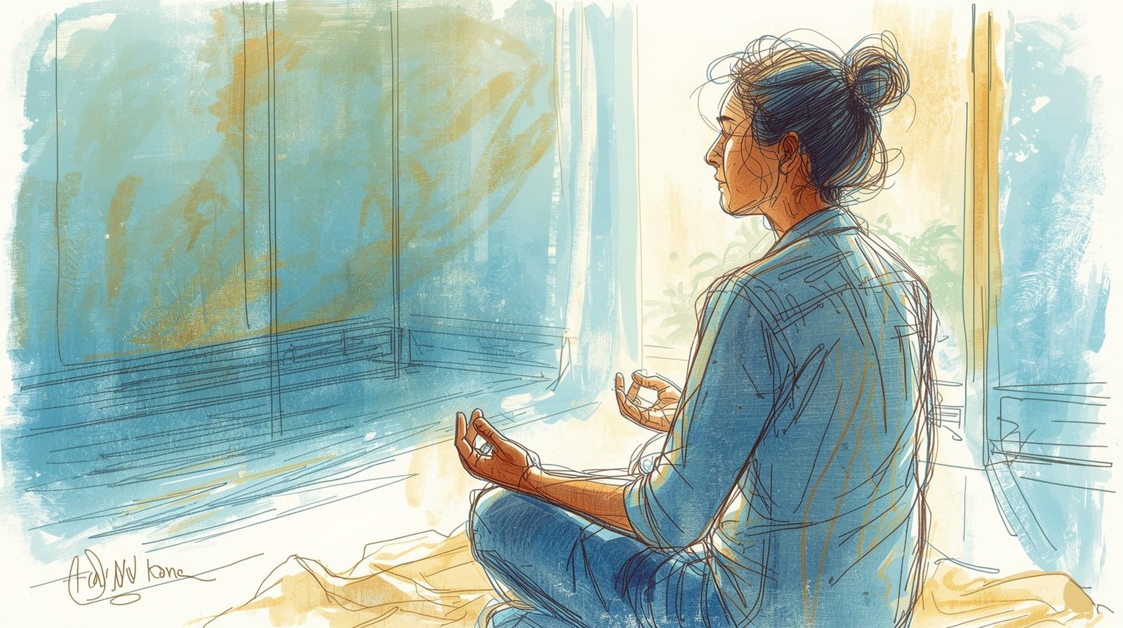The calm power of self-validation: A science-backed way to soothe Your nervous system and build inner safety 1 Calm self-validation practice: woman meditating by a sunlit window in soft blue and gold tones.