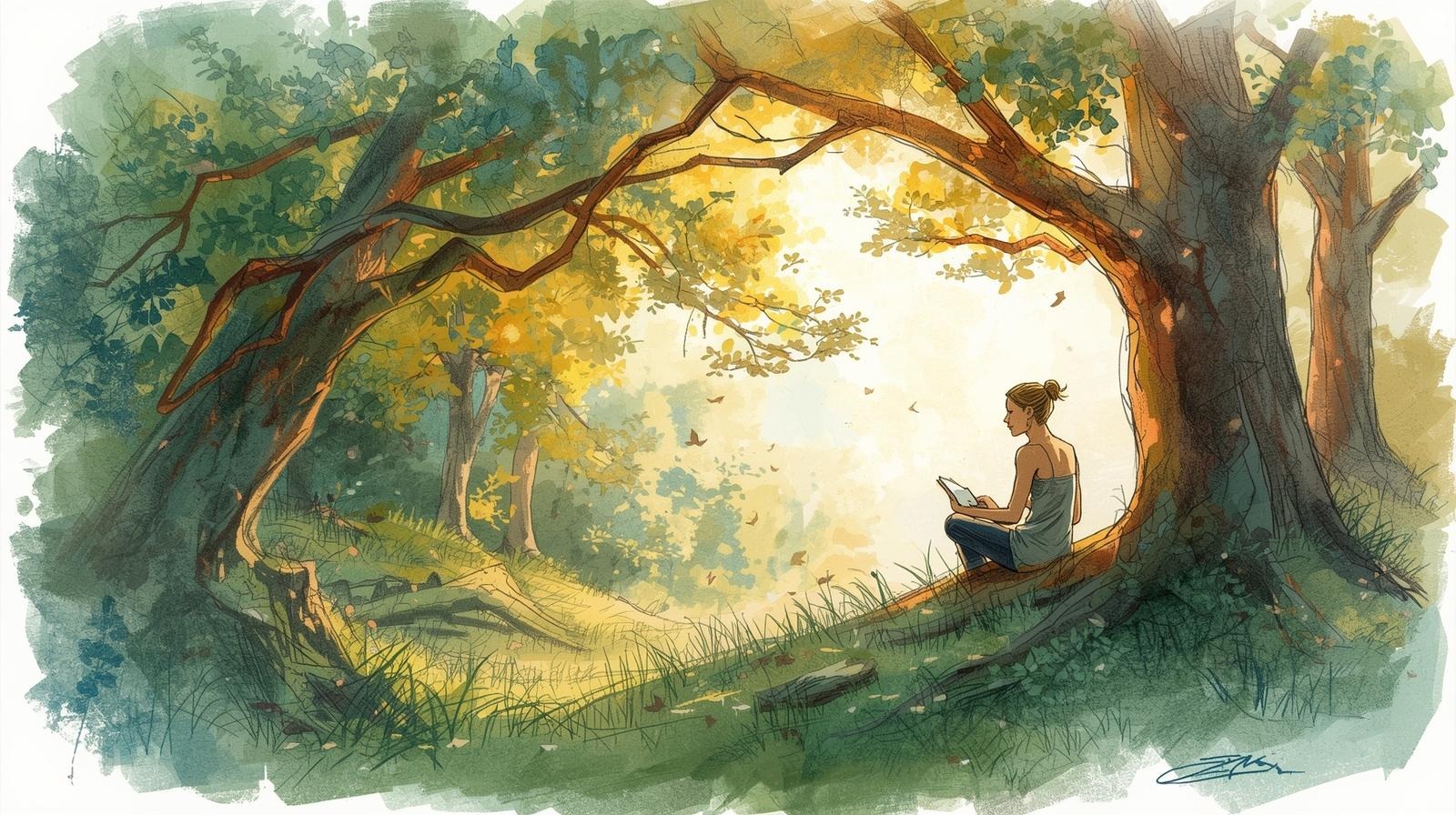 Woman journaling an affirmation under arching trees in a sunlit forest, softly challenging the “I’ll never change” belief.