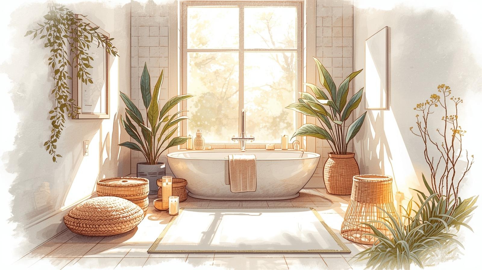 Calm, sunlit bathroom with plants, candles and a freestanding tub, styled as a cozy space for bathroom meditation and anti-chaos relaxation.