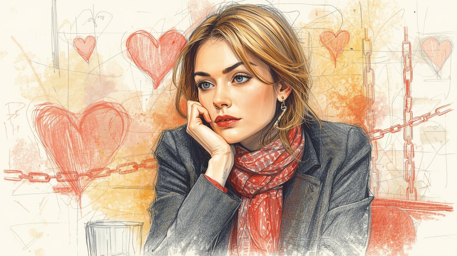 Illustrated woman with thoughtful gaze, hearts and red chains in the background—visual metaphor for love bombing and emotional control.