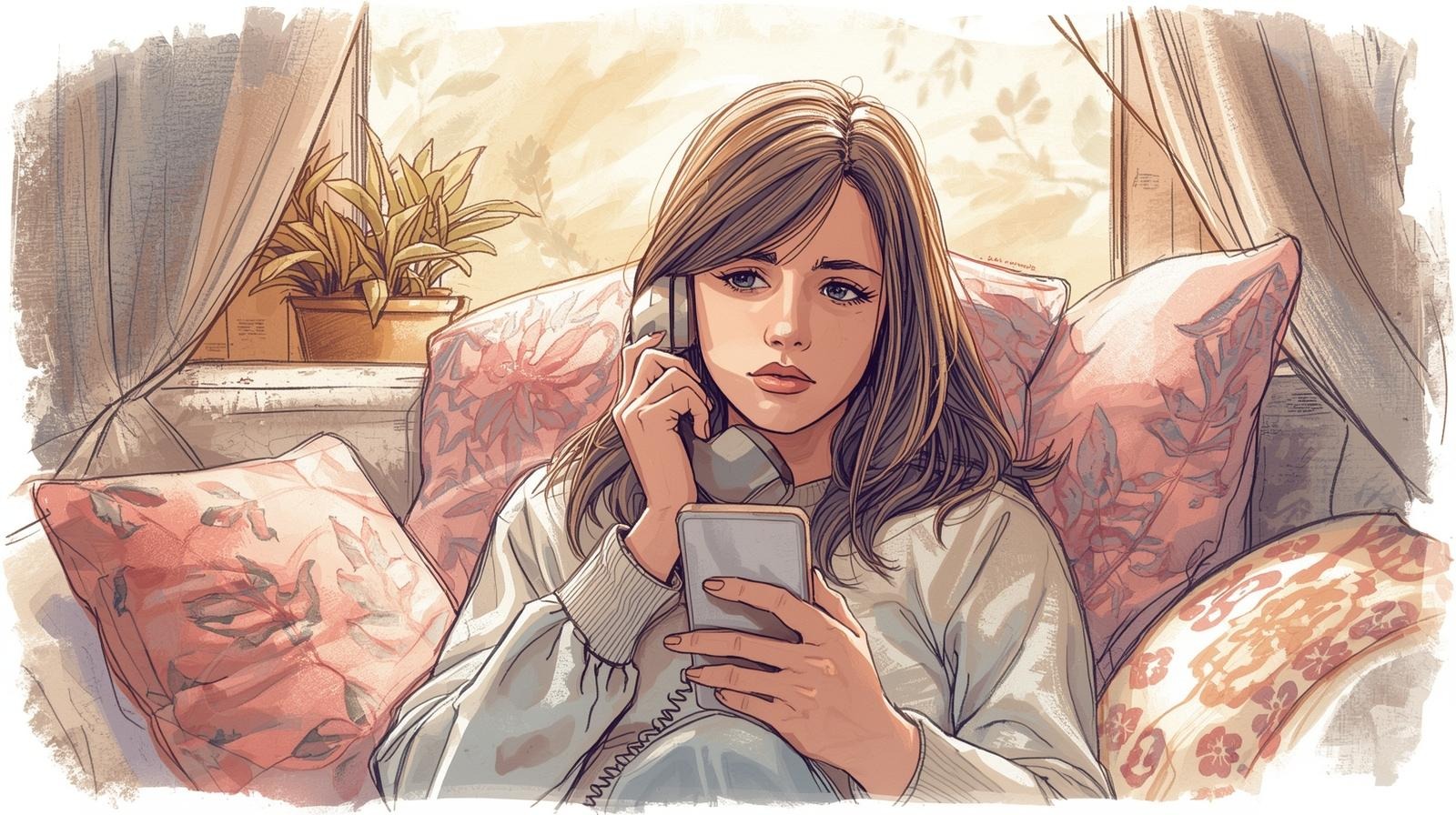 Illustrated young woman on a sofa holding a phone and smartphone, anxious expression amid soft light and floral pillows — phone-call phobia.