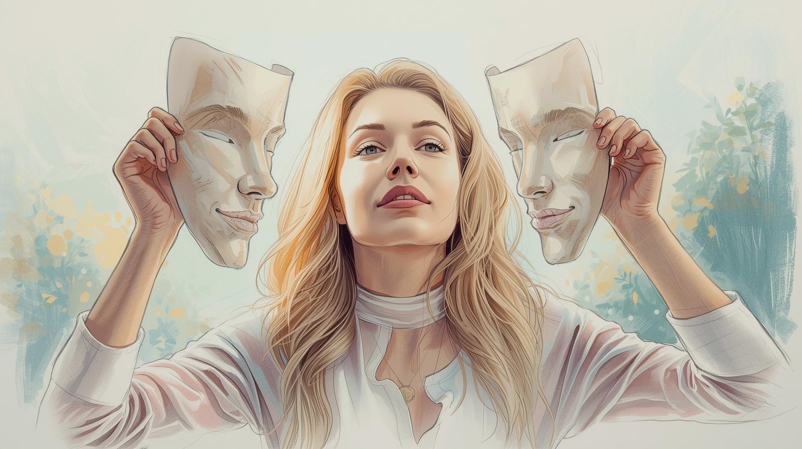 Woman holding two white masks away from her face, symbolizing unlearn chameleon syndrome and reclaiming her authentic self.