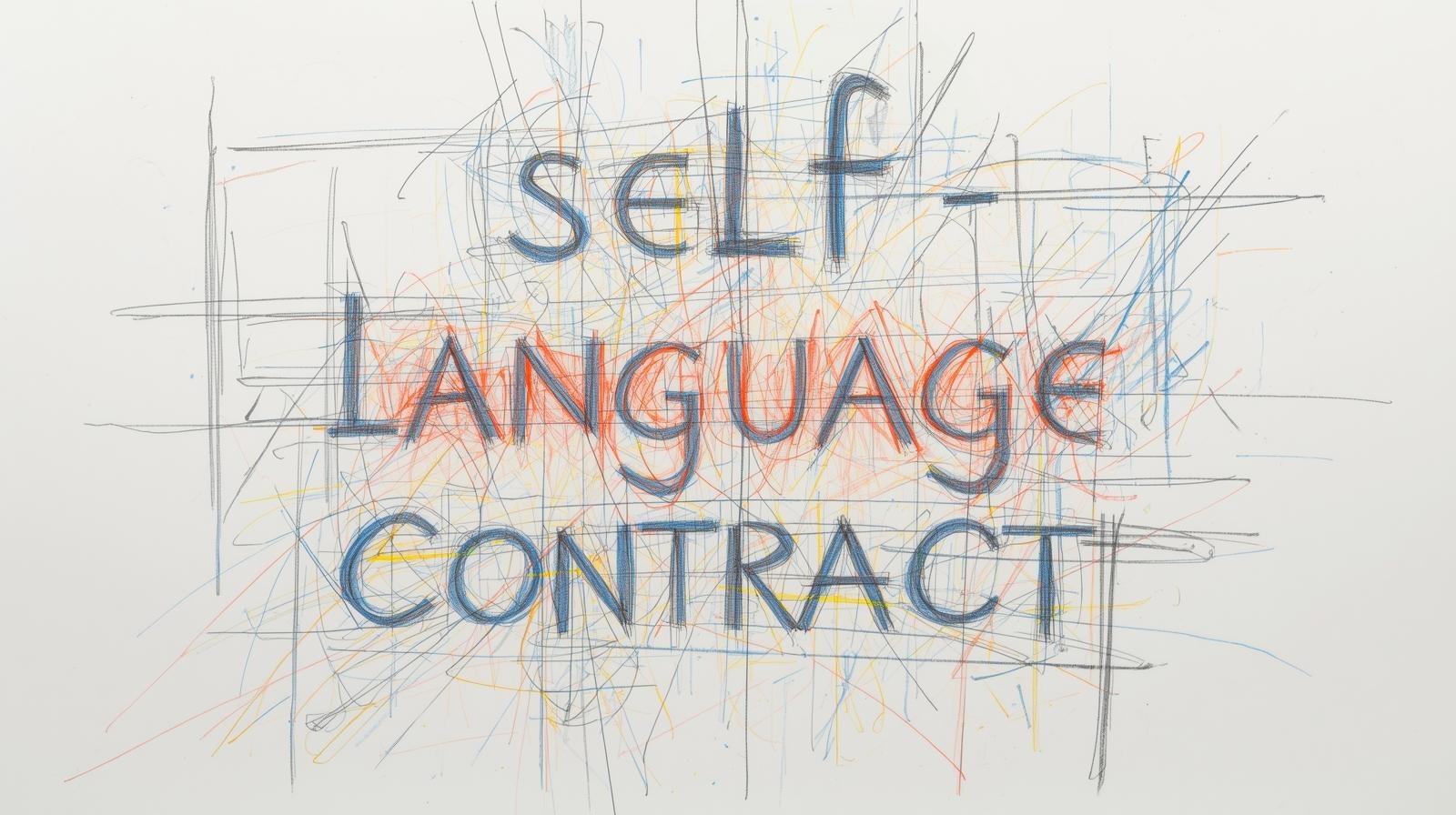Hand-drawn “self-language contract” lettering over colorful pencil scribbles on a white background.