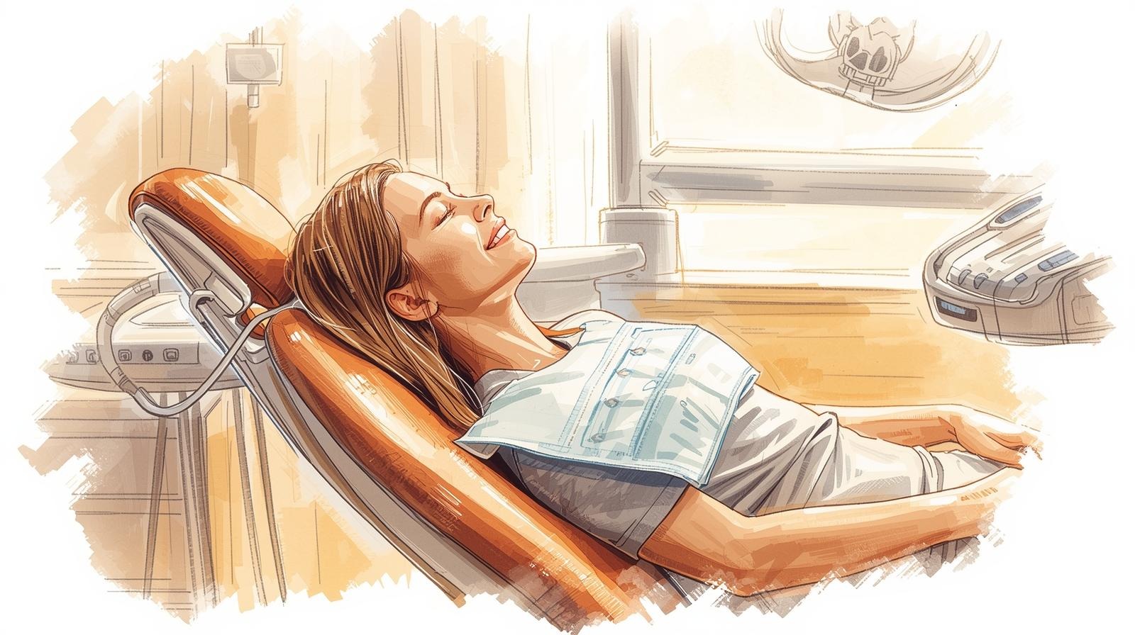 Woman lying relaxed in a dentist chair, looking calm during her dental visit.