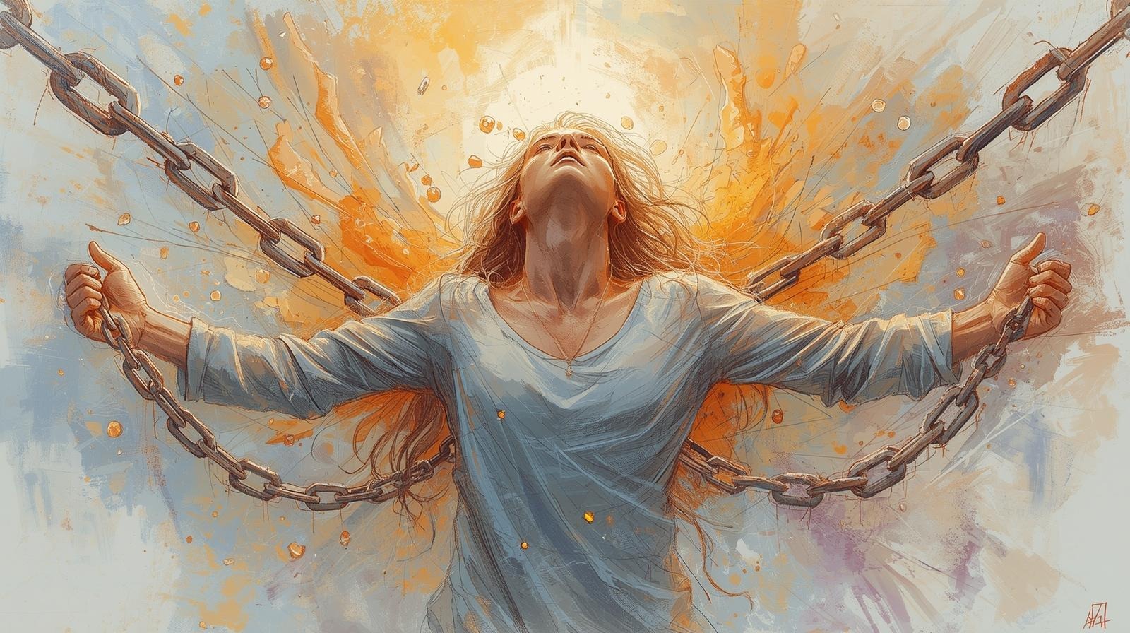 De-role modeling: Break free from dysregulating ideals 1 Woman breaking chains with an orange burst — de-role modeling that restores identity beyond social comparison.