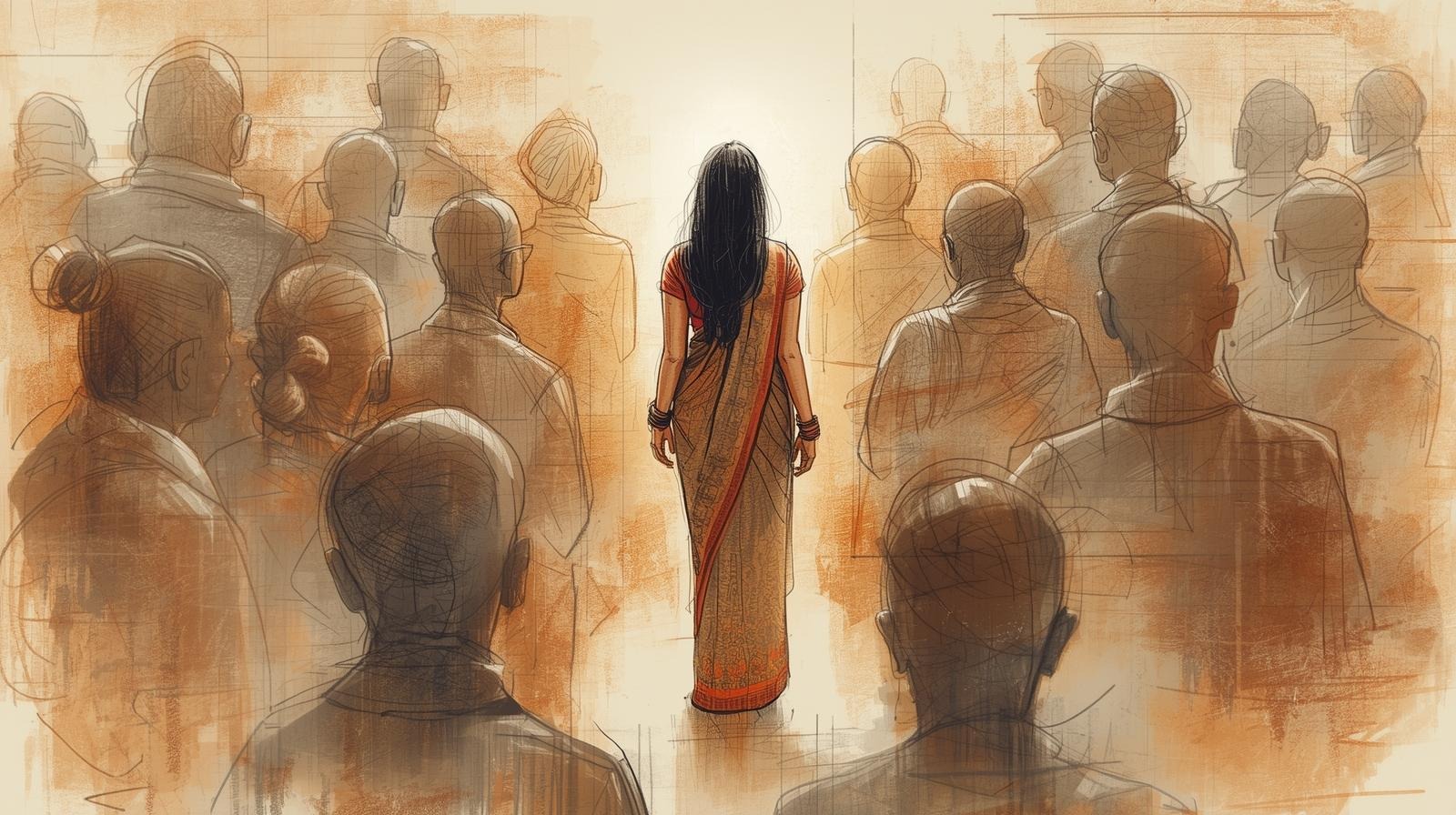 Illustration of a woman in a sari walking through a crowd, feeling on display and anxious, capturing the psychology of social anxiety and being watched.