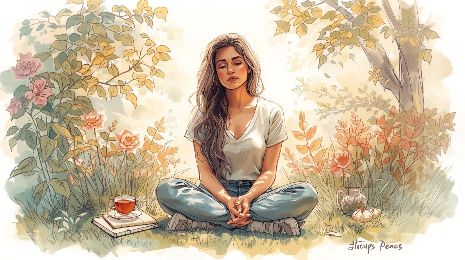 How to find inner calm when You let someone down (or think You did) 1 Woman sitting cross-legged in a peaceful garden, eyes closed in inner calm while processing guilt after she let someone down.