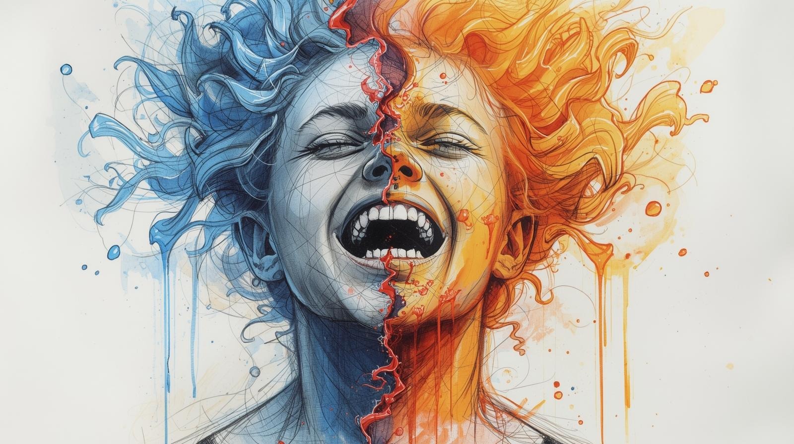Split blue–orange portrait of a woman laughing and crying, symbolizing an emotional hangover after an intense, joyful day.