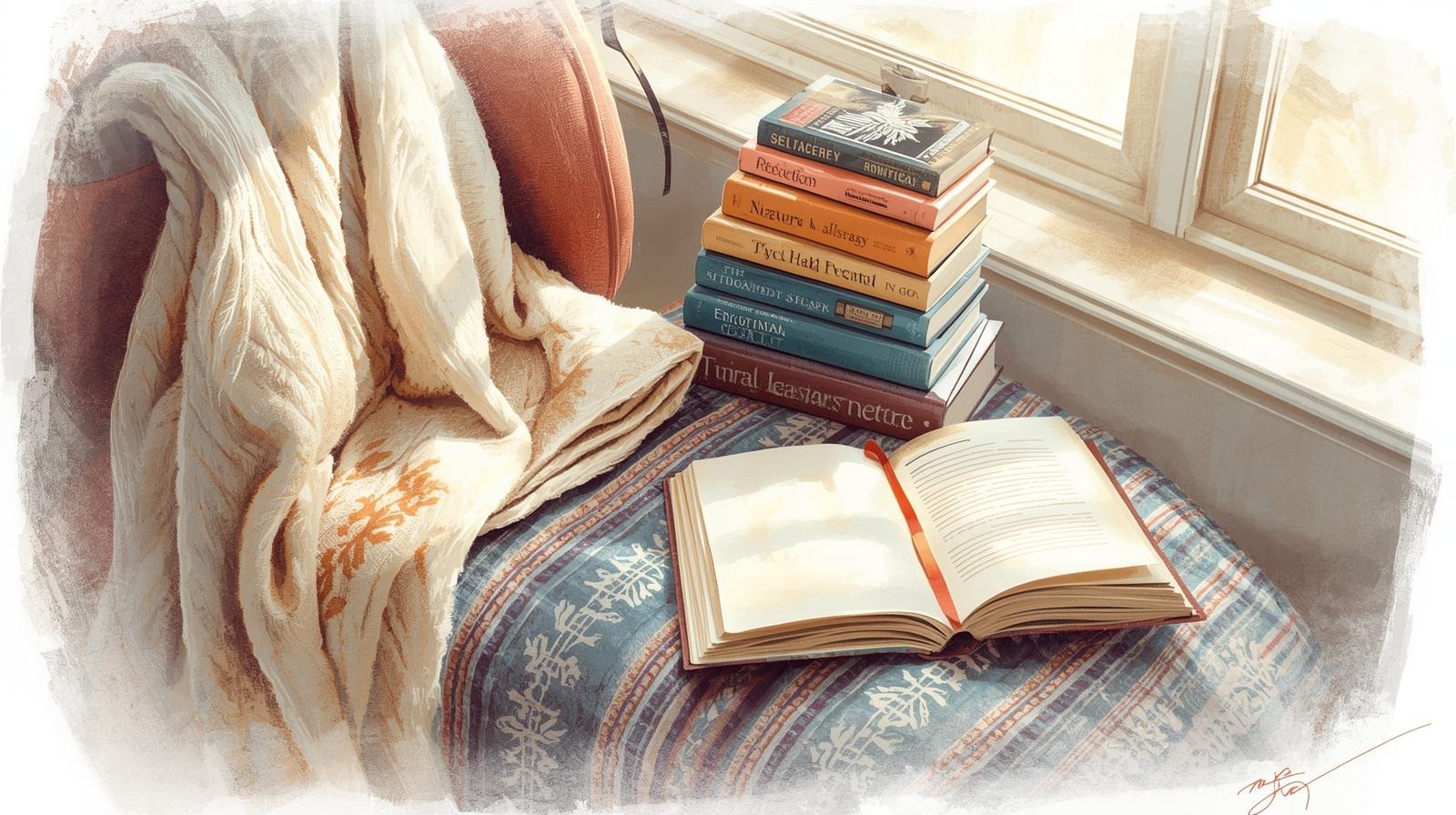 Cozy reading nook with an open journal and a stack of books by a sunlit window, inviting reflection for women feeling guilty about wanting more in their relationships.