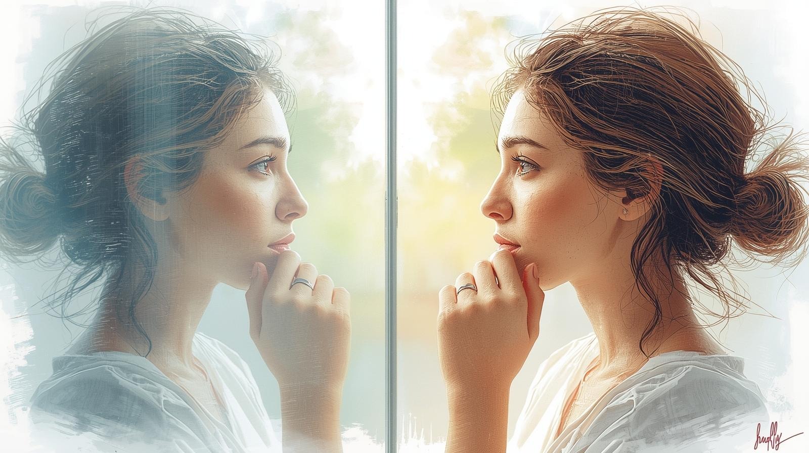 Thoughtful woman looking at her reflection, illustrating how women can gaslight themselves and find a path back to self-trust.