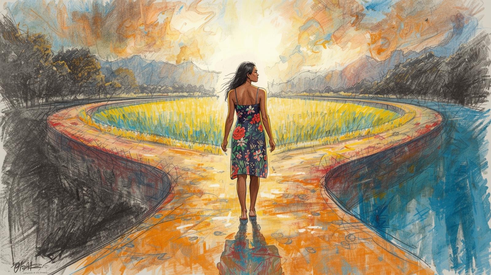 Woman walking on a forked path toward sunlight, symbolizing retiring the outgrown heroine and rewriting a personal myth.