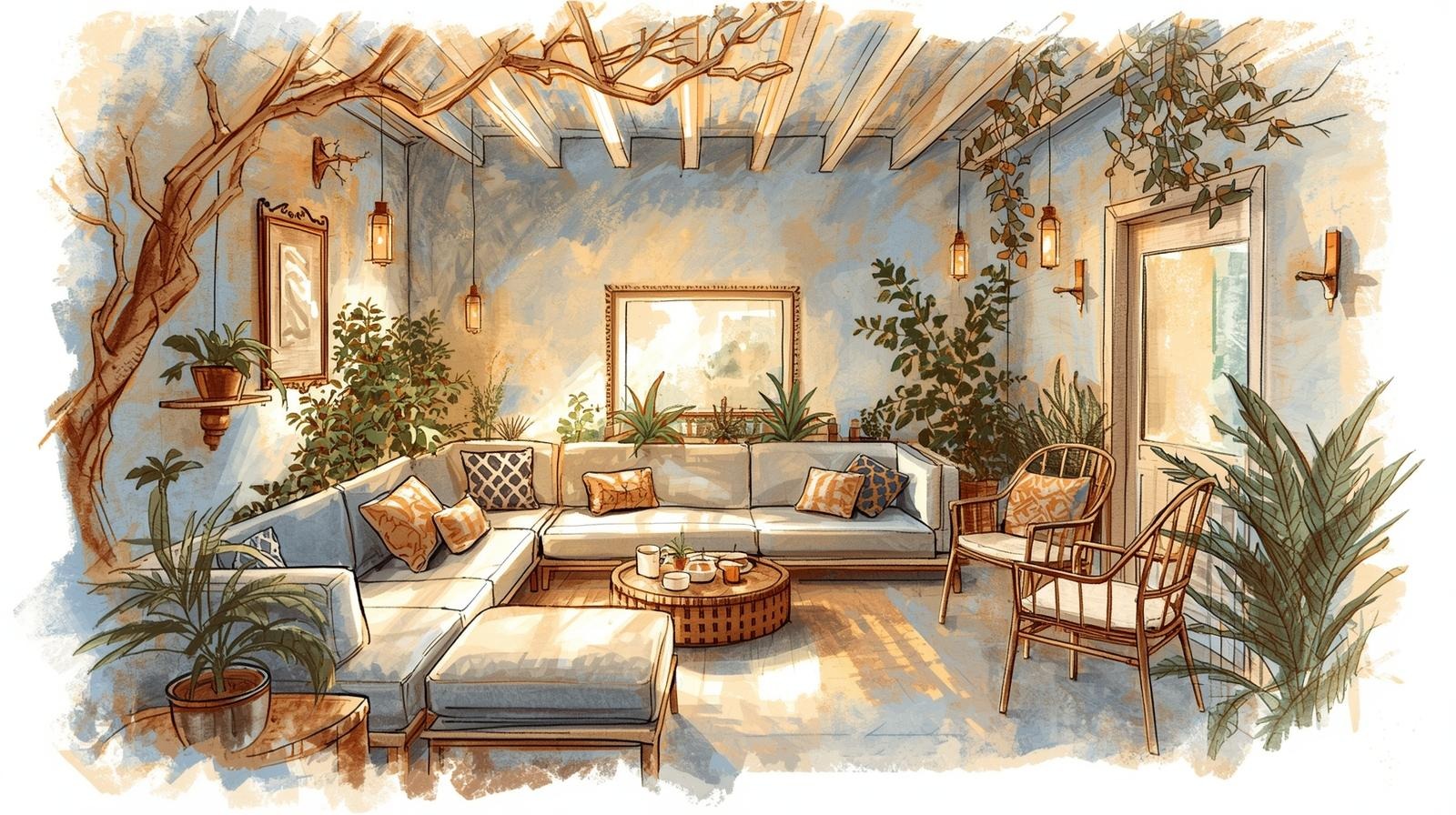 Calm low-stimulus living room for a small gathering: warm lamps, soft sectional, woven chairs, plants, and natural wood accents.