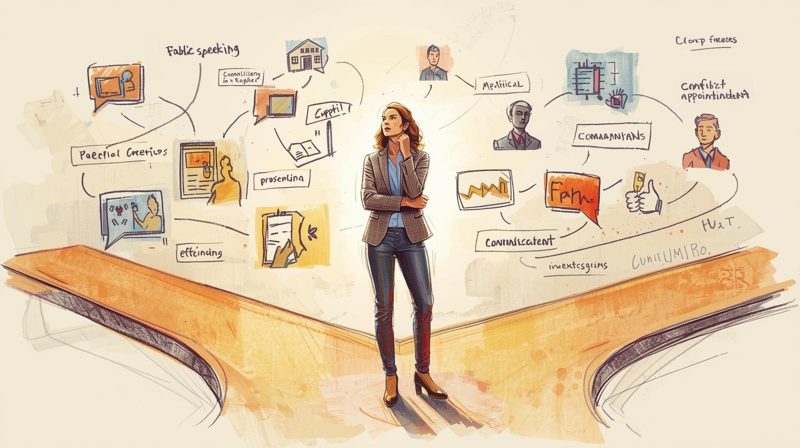 Mind blank? “System Freeze” scripts that Unstick Your words 1 Illustration of a woman at a crossroads with icons for meetings, public speaking, medical visits, and conflict—navigating a system freeze and finding her words.