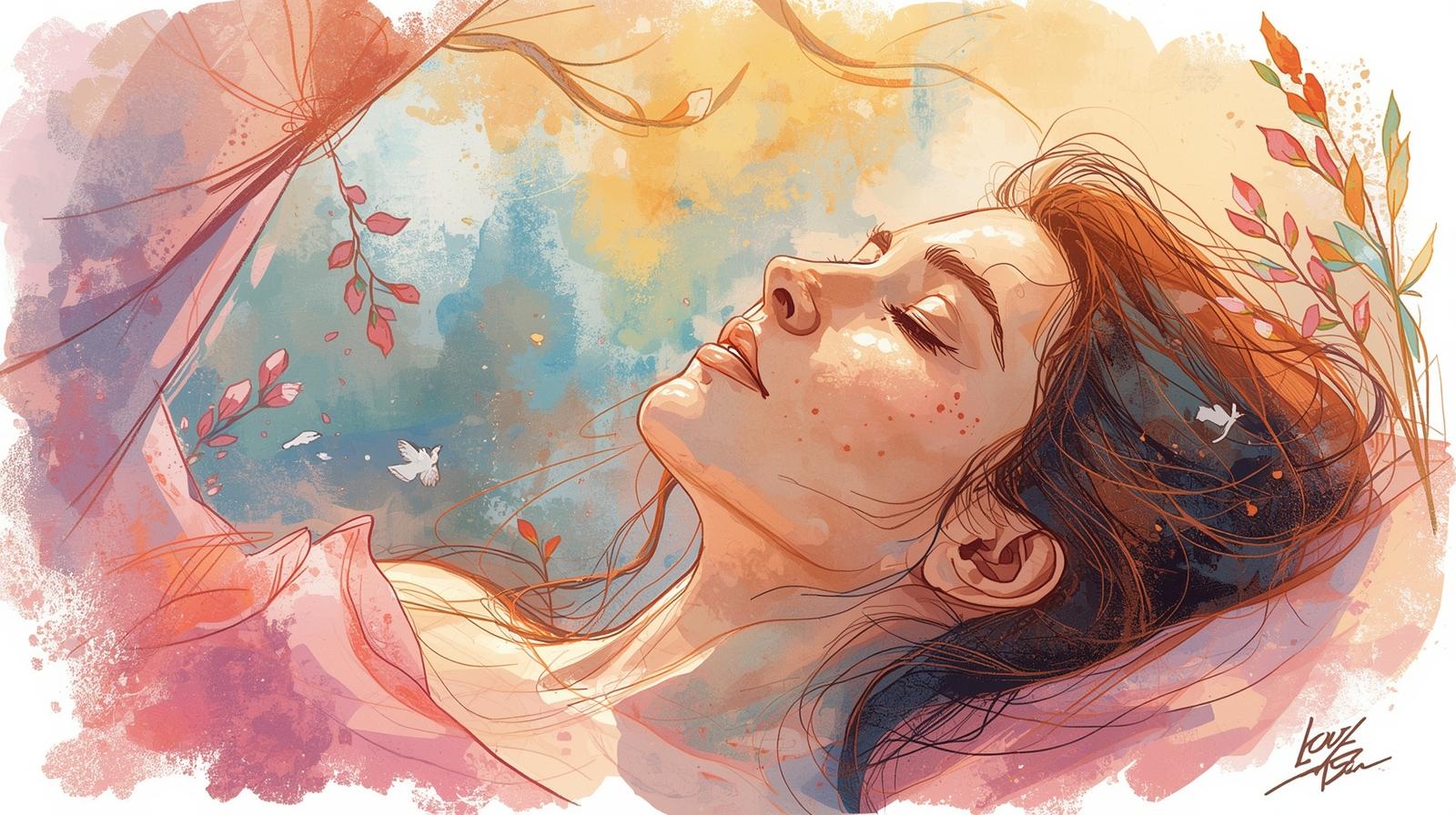 Woman resting peacefully with eyes closed in soft pastel colors, symbolizing situationship fatigue detox and opening to gentle, healthy love.