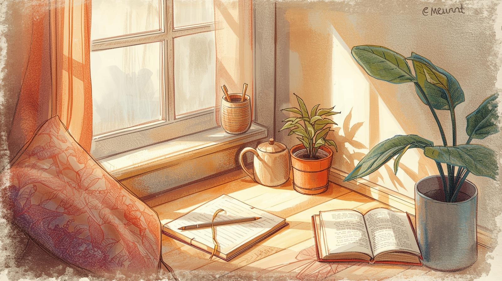 Sunlit window nook with notebook, tea and plants—an inviting space to write locker-friendly lines when feeling anxious (anxiet relief).