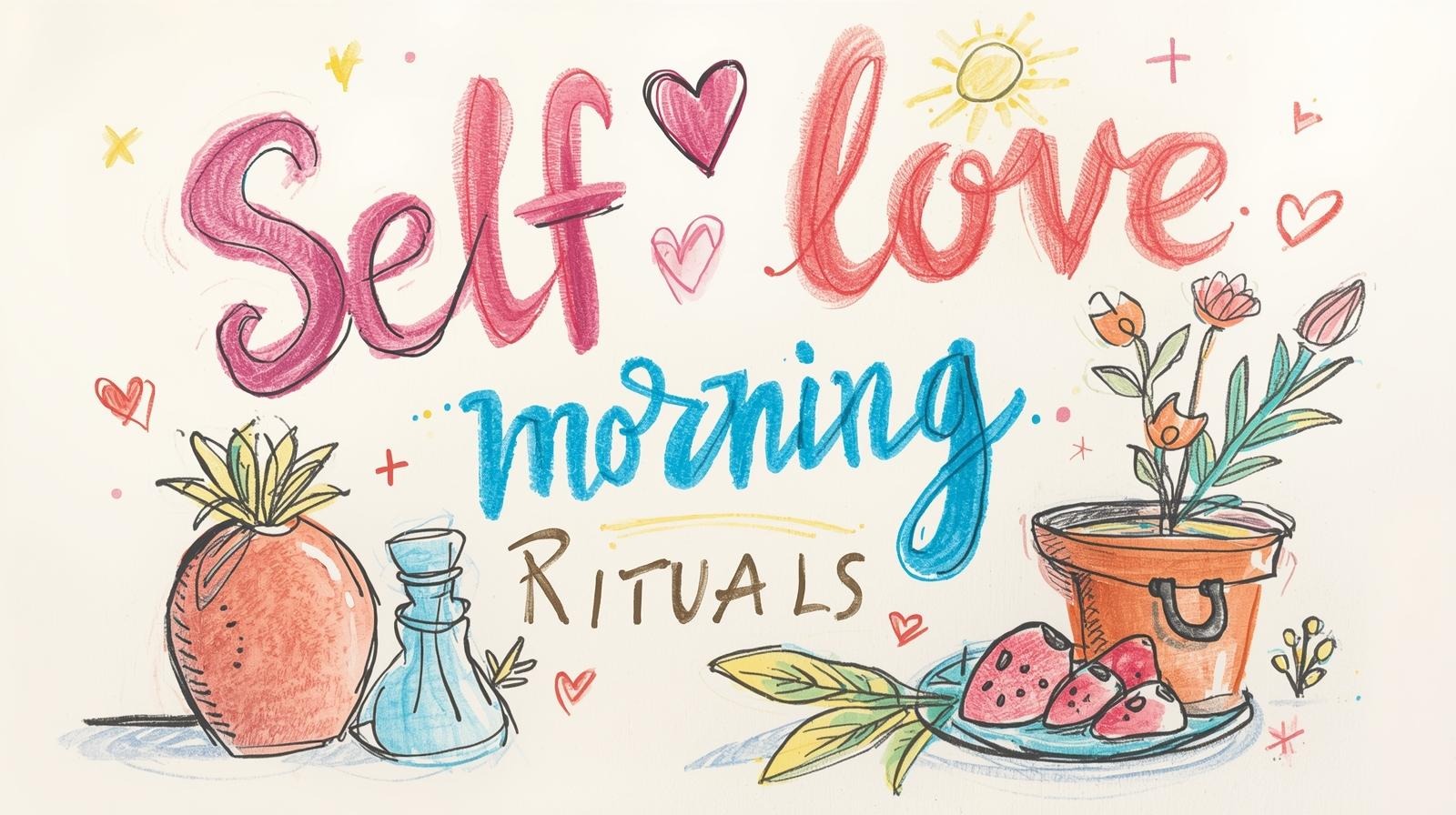 Hand-drawn illustration with the words “Self love morning rituals,” plants, fruit and hearts, symbolizing a love letter of self-love to start the morning gently.