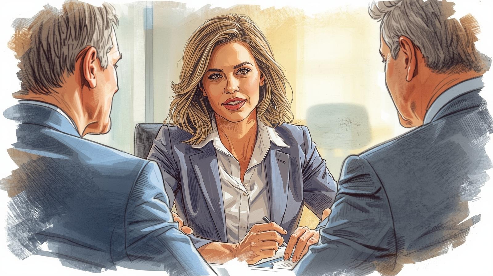Professional woman calmly holding her ground in a business meeting while two older male colleagues talk in a patronizing way, illustrating confident communication.