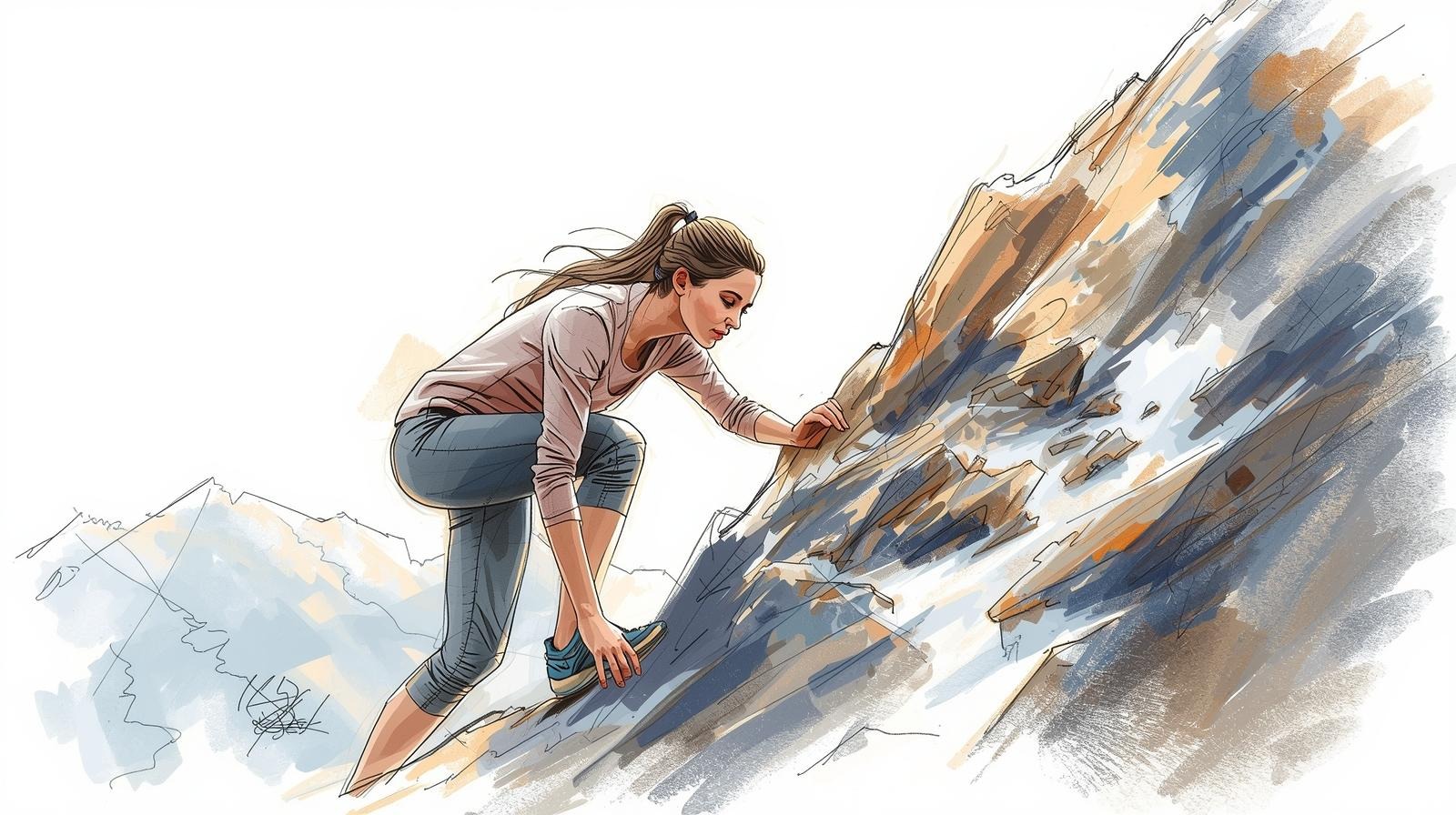 Woman determinedly climbing a steep rocky slope, symbolizing pushing through the motivation dip and staying committed to personal growth.