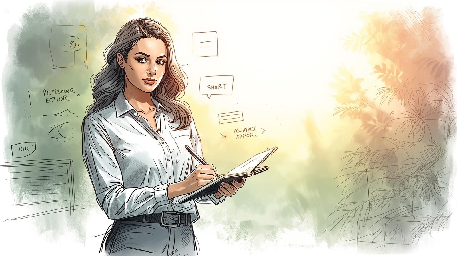 Illustration of a woman writing one-breath requests—micro-petitions for asking clearly, briefly, and effectively.