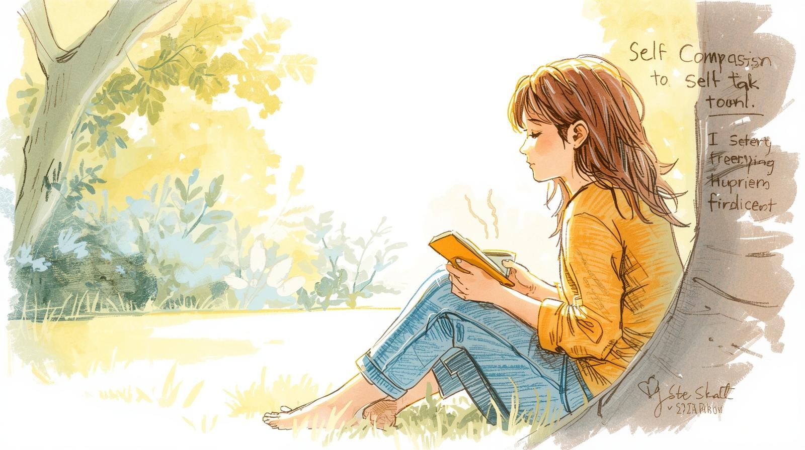 Young woman sitting under a tree, journaling with a warm drink, practicing gentle self-compassion and kinder self-talk.