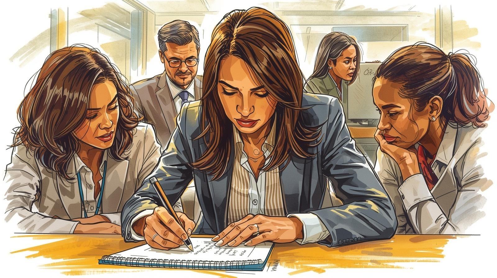 Team of professionals at a table as a woman writes in a notebook, illustrating people pleasing at work and the move toward clear boundaries.