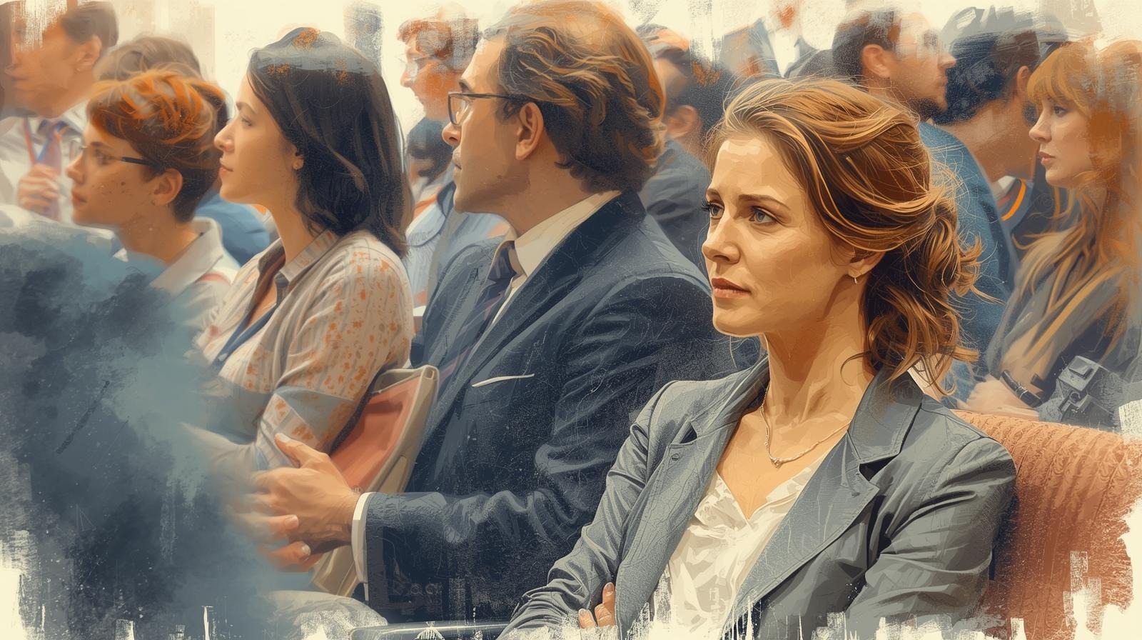 Illustration of a woman in a crowded audience looking distant, showing what it’s like to feel alone in a crowd.
