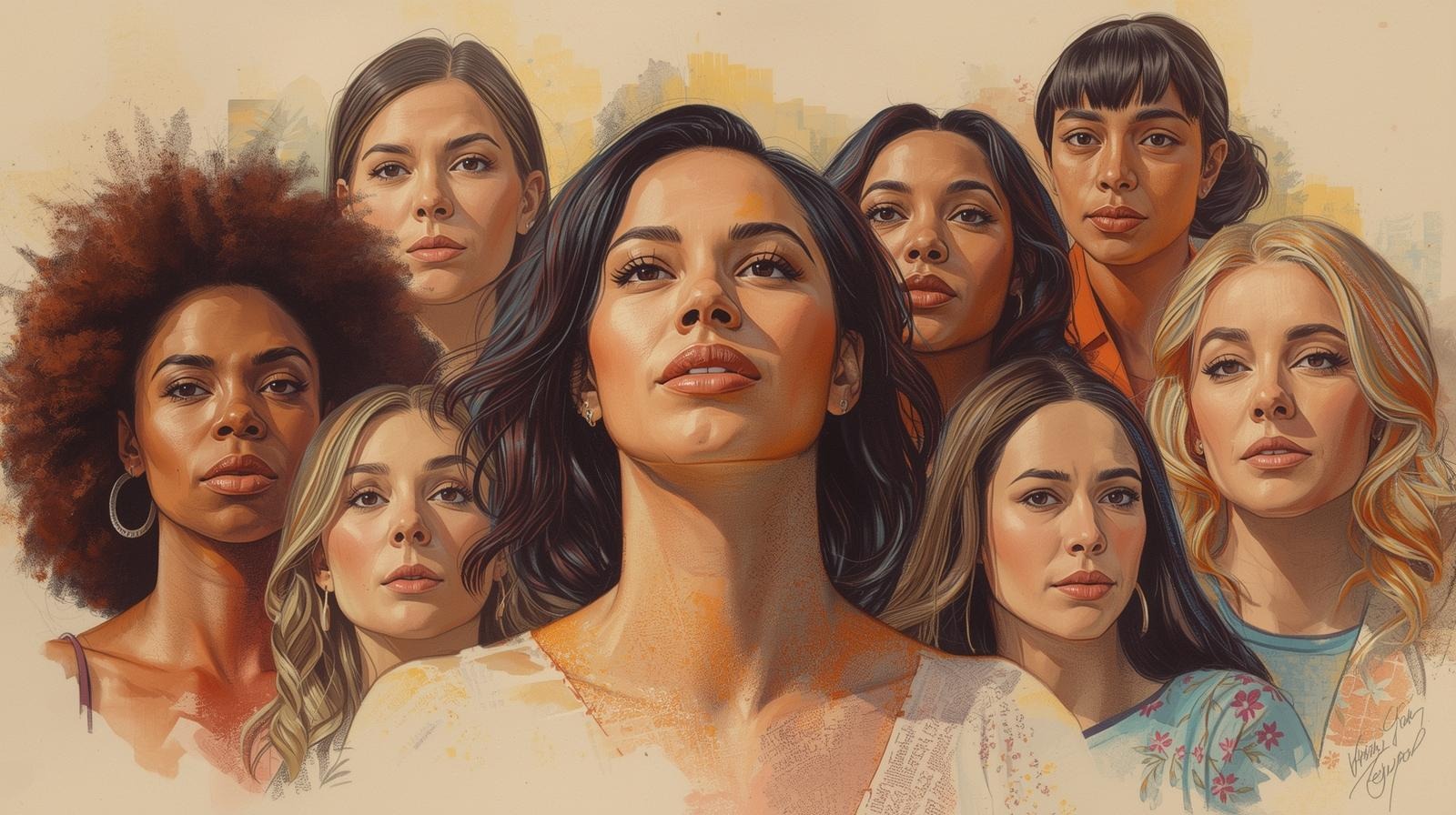 Diverse group of confident women looking up with calm strength, symbolizing the feminine roar and the power word energy that doesn’t need yelling.
