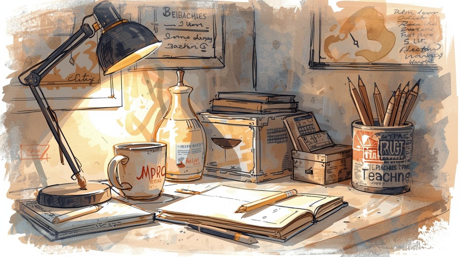Illustrated cozy desk with lamp, notebook, pencils, and coffee—calm workspace for motivation scripts and restoring energy.