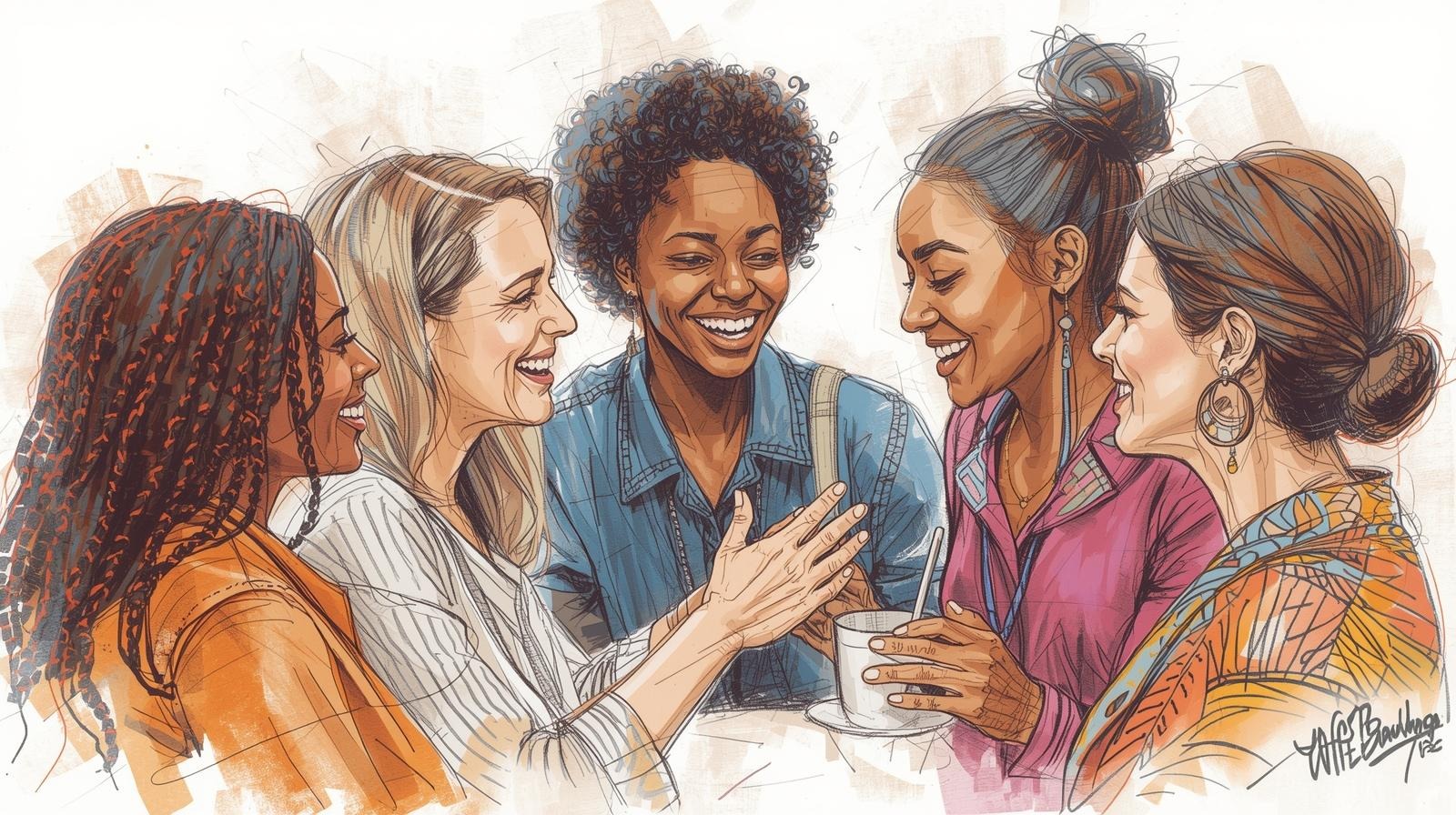 Diverse women laughing around a table, sharing coffee and connection—sisterhood in practice and ritual of support.